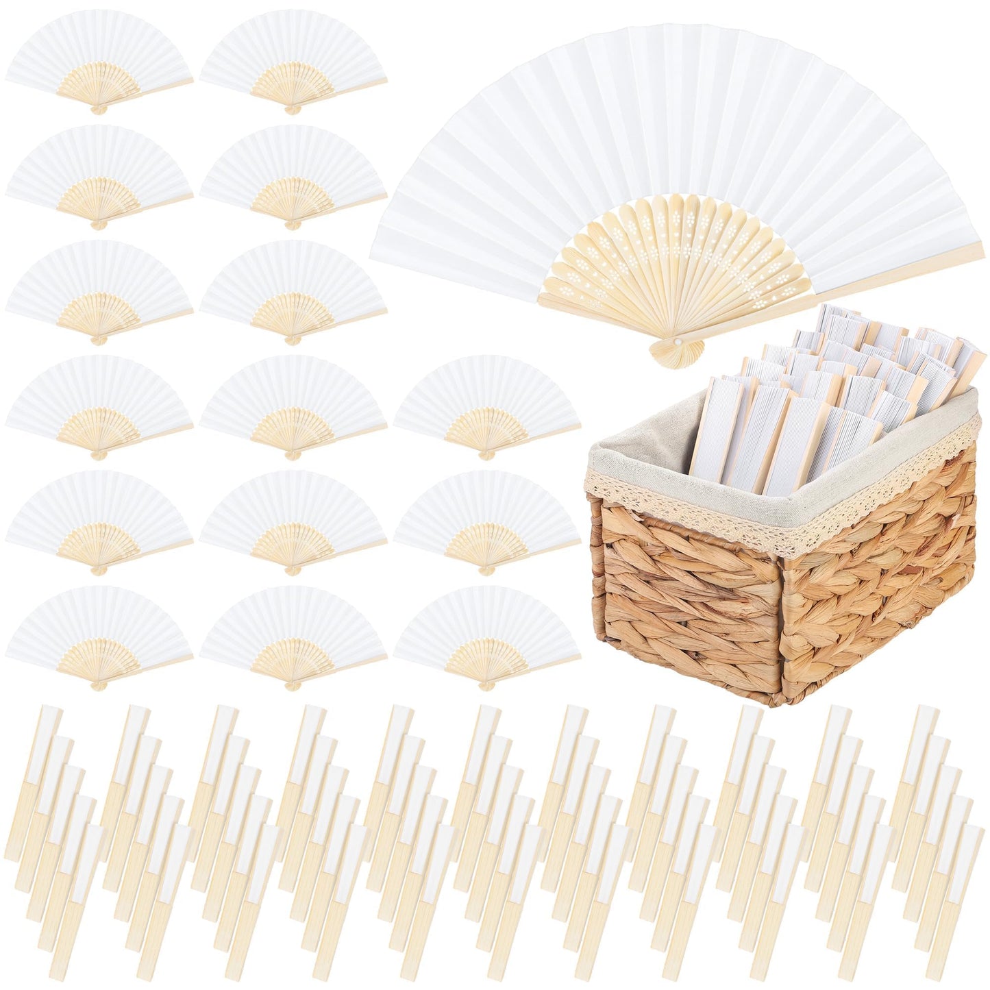Aodaer 100 Pieces White Paper Fans Folding Fans with Foldable Storage Basket Bamboo Handheld Fans for Guests Wedding Bridal Party Favor Baby Shower Decoration DIY Supplies