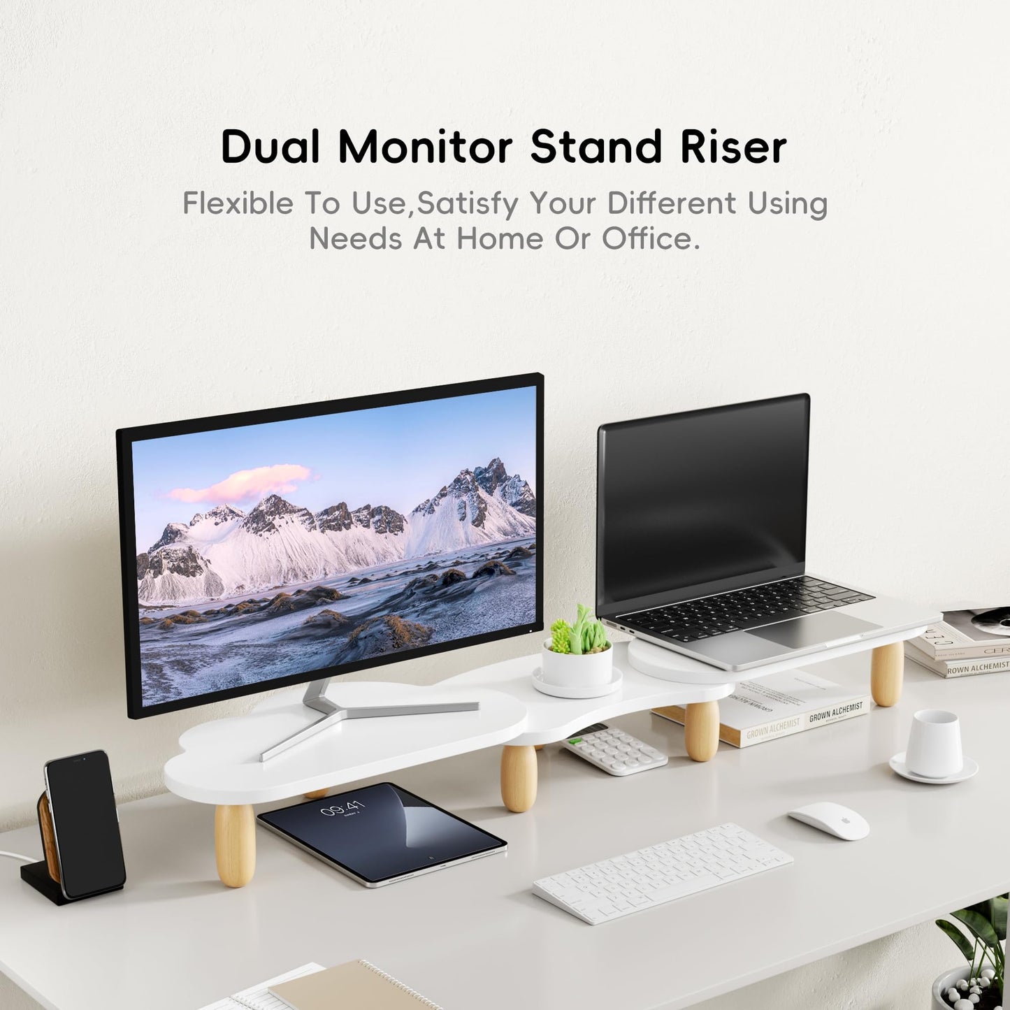 Afooyo Dual Monitor Stand Riser,Rainbow Cloud Desktop Computer Stand for 2 Monitors,Adjustable Length and Angle Multifunctional Desktop Organizer Stand for Laptop, PC, Computer, Printer,White
