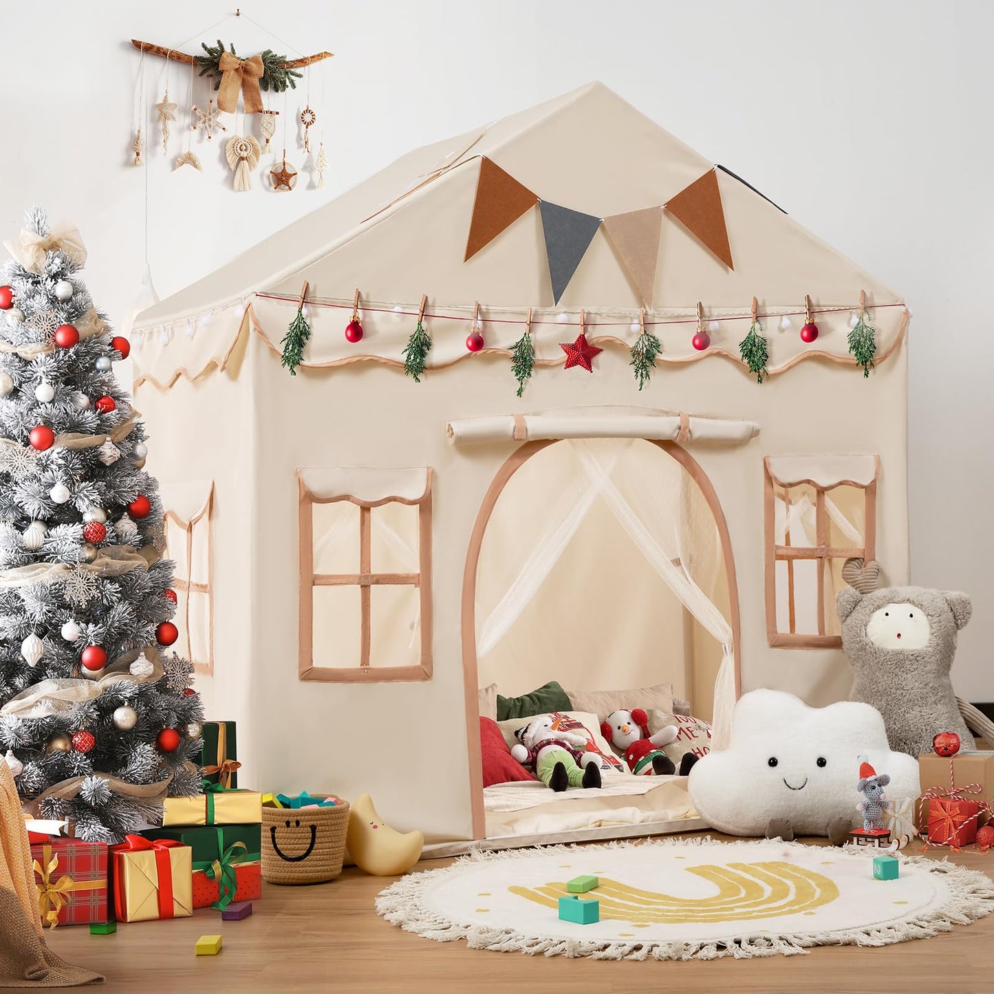 besrey Kids Tent, 2 in 1 Play Tents with Padded Mat and Lights, Large Playhouse for Kids with 2 Doors & 4 Windows, Kids Play Tent House Indoor & Outdoor, Toddler Tent for Girls Boys