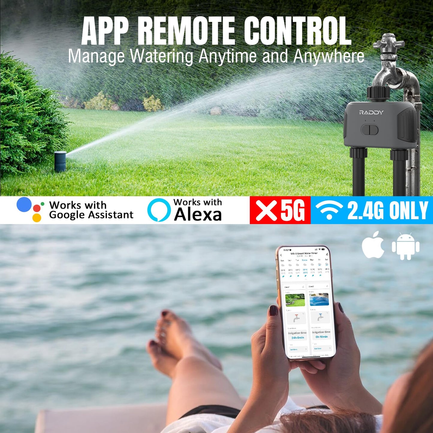 Raddy WS-3 WiFi Sprinkler Timer 2 Zone, IPX5 Water Timer for Garden Hose Faucet, APP Control Automatic Irrigation System with WiFi Hub, Rain Delay for Lawns and Yard