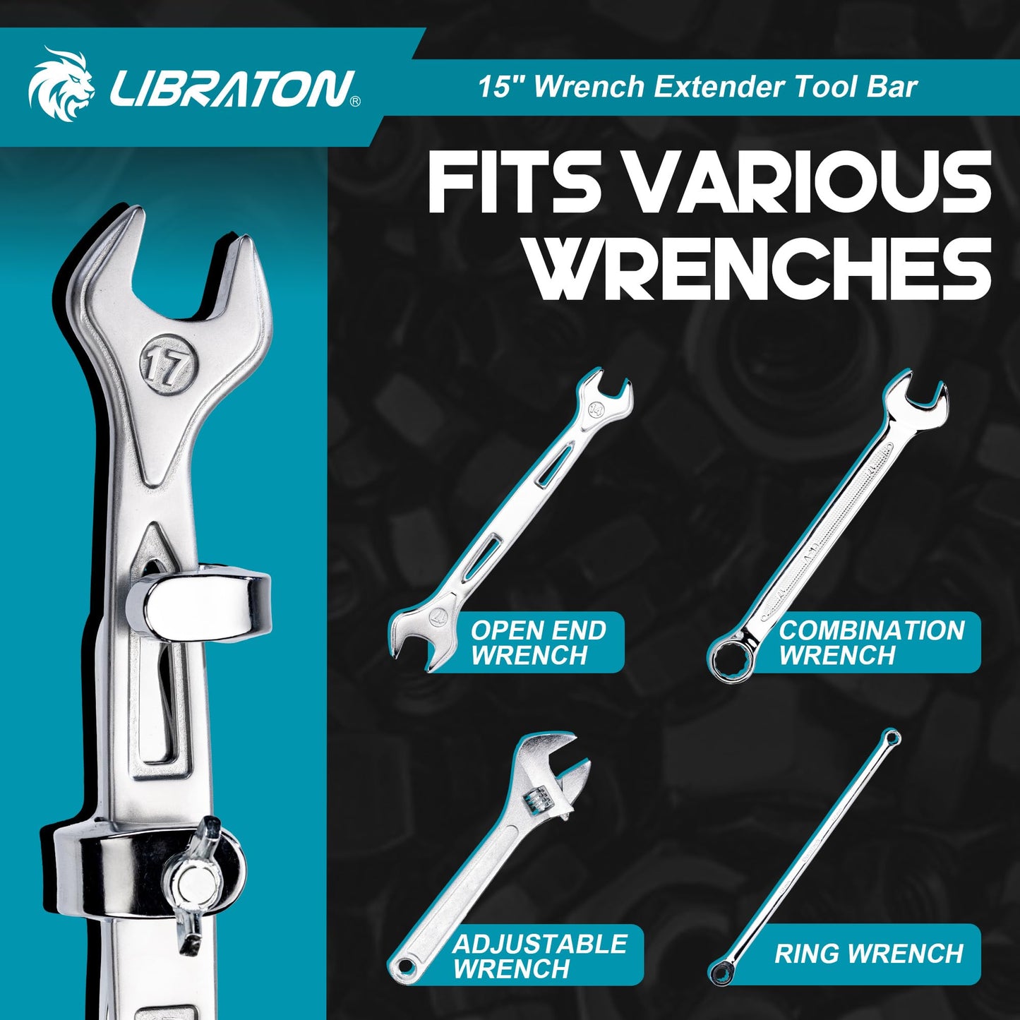 LIBRATON 15" Wrench Extender Tool Bar, Heavy Duty Universal Wrench Extender for Maximum Leverage, Torque Adaptor Extension for Automotive Repair & Mechanic, Extension Wrench with Non-Slip Grip