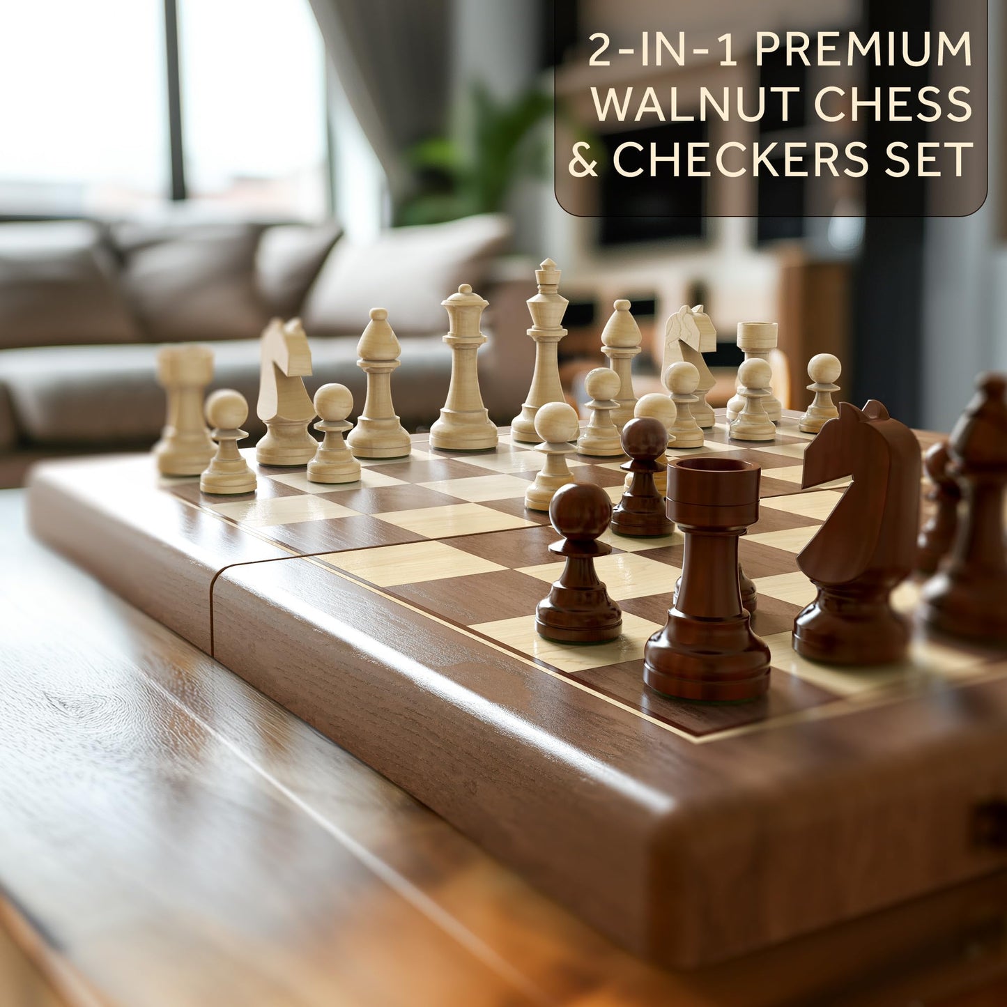 15" Wooden Folding Chess & Checkers Set - 2 in 1 Board Game with 3" King Staunton Pieces and 2 Extra Queens (Walnut Wood+Red Shell)