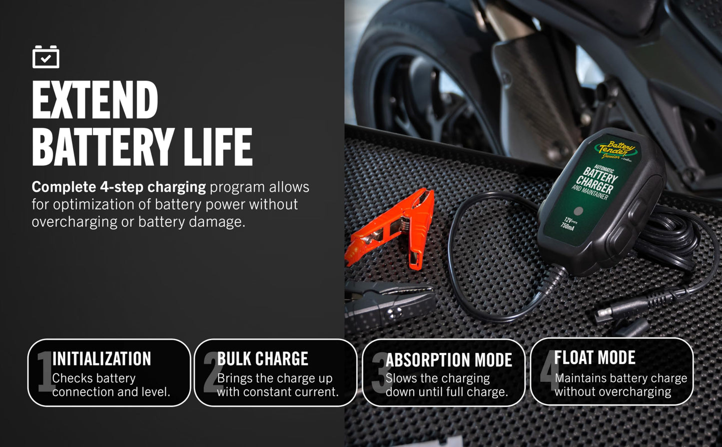 Battery Tender Junior 12V, 750mA Charger and Maintainer: Automatic 12V Powersports Battery Charger for Motorcycle, ATVs, and More - 021-0123