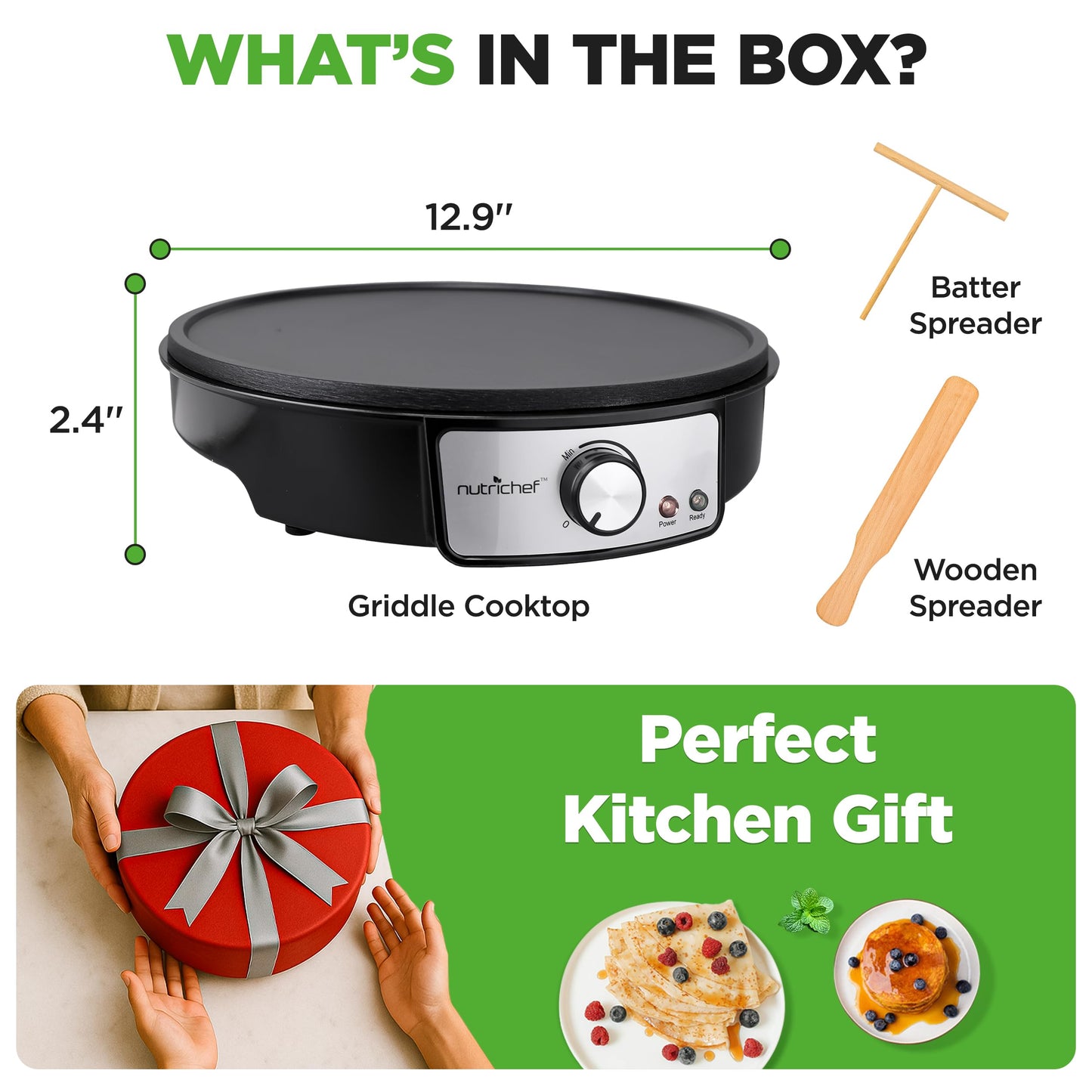 Electric Griddle Crepe Maker Cooktop - Nonstick 12 Inch Aluminum Hot Plate with LED Indicator Lights & Adjustable Temperature Control - Wooden Spatula & Batter Spreader Included