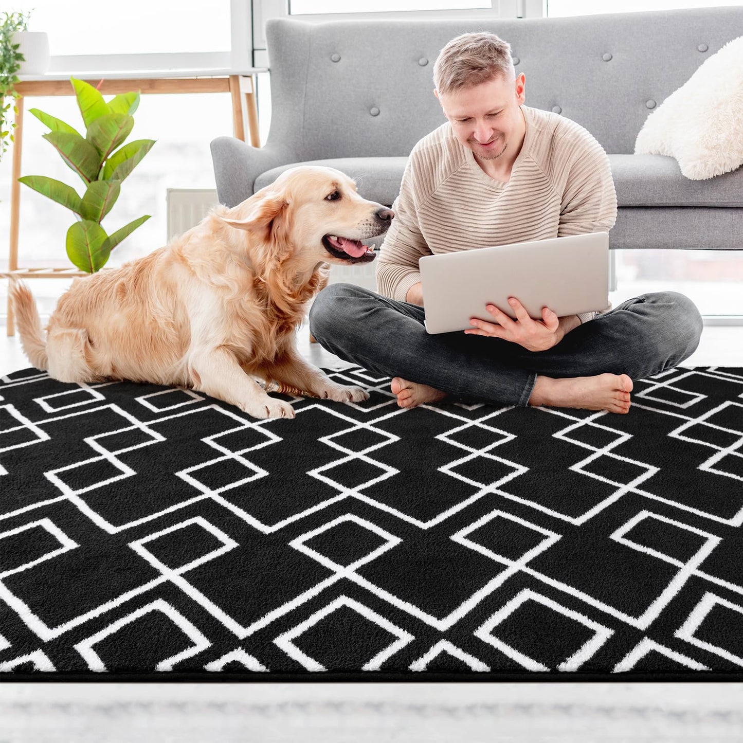 Rtizon Soft Area Rug for Bedroom, 5x7Ft Moroccan Rugs for Living Room, Geometric Non-Slip Carpet with Memory Foam for Boys Girls's Bedside Office Dorm Farmhouse, Black and White