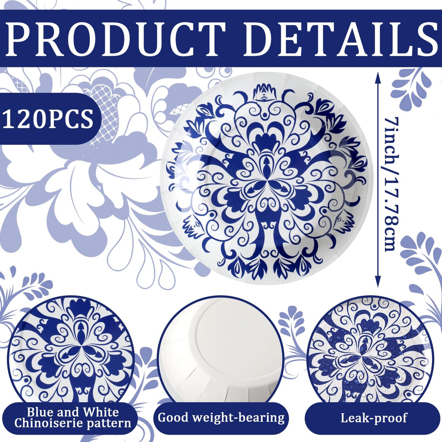 Nitial 120 Pcs Blue and White Flower Paper Plates 9 Inch Chinoiserie Disposable Serve 30 Guests Blue Flower Paper Disposable Dinnerware for Bridal Baby Shower Wedding Tea Party Decor(Round)
