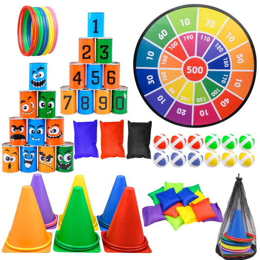 56PCS Carnival Games Combo Set, 3 in 1 Dart Board with Balls Plastic Cones Ring Bean Bags Toss Game for Boys Girls Adults Family Birthday Yard Indoor Outdoor (Bright Color)