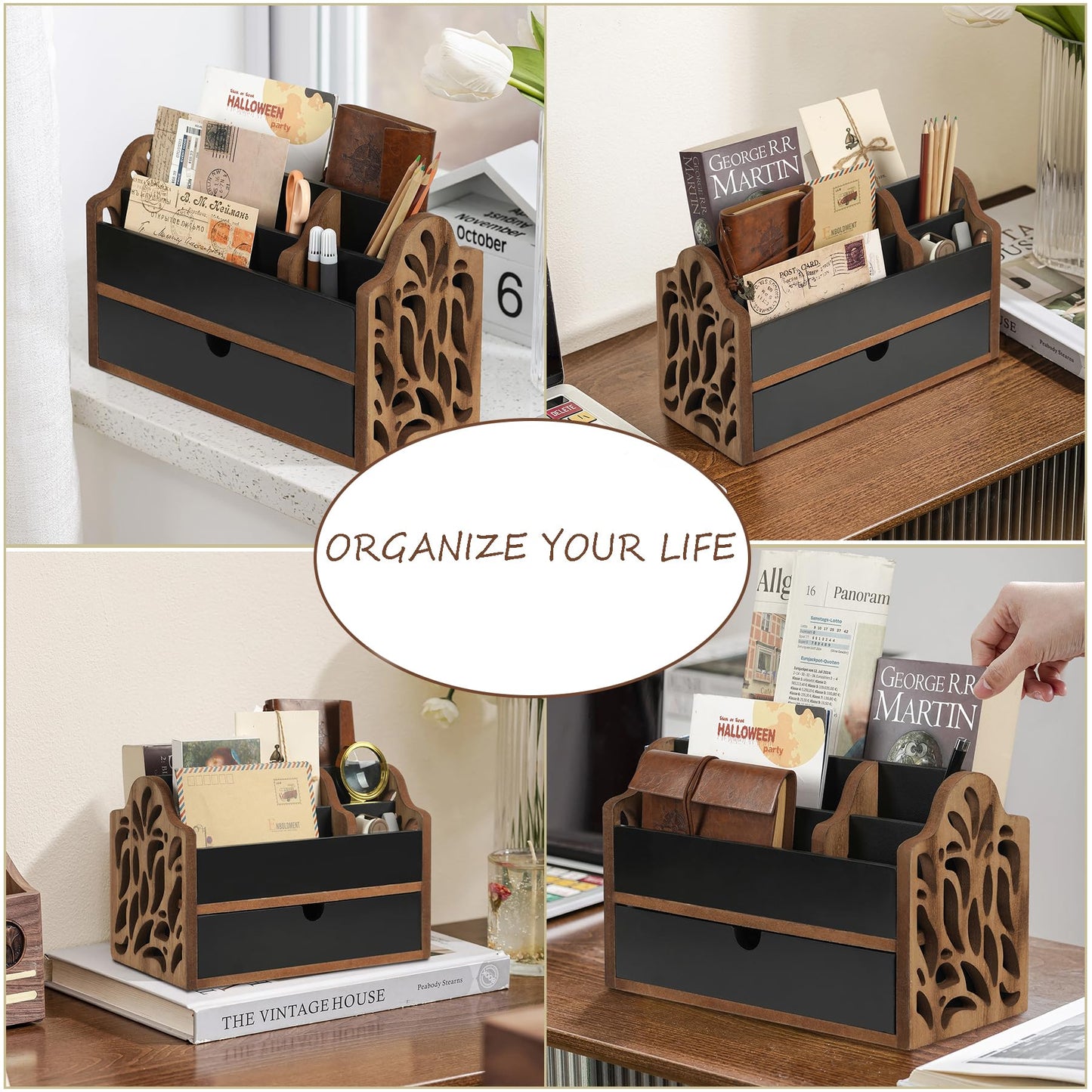 Dhmkfly Desk Organizer with Drawer Wood File Office Mail Organizer Countertop-5 Slot Tabletop Storage Pen Organizer Letter Holder for School Home Office Supplies