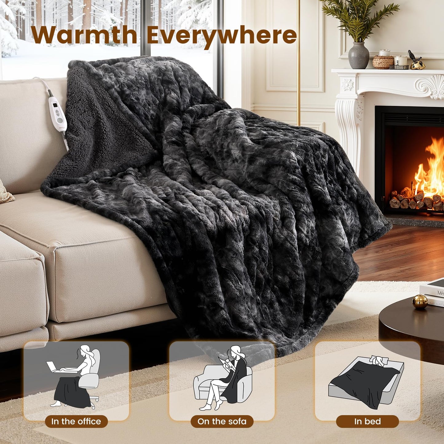 Bearhug Electric Heated Throw Blanket 50" x 60", Reversible Faux Fur & Sherpa, 5-Year Warranty, 6 Heating Levels & 4H Auto Off, Over-Heat Protect, ETL Certification