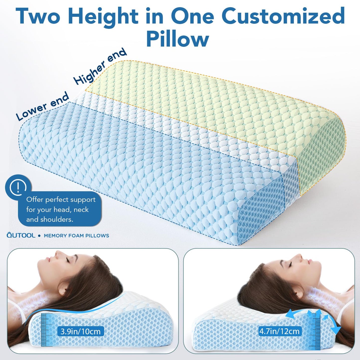 QUTOOL Neck Pillow for Sleeping,Memory Foam Pillow with Dual Height Adjustable Cooling Contour Pillow for Side,BackSleepers,Balanced Support & Breathable Comfort,CertiPUR-US & Oeko-TEX Certified
