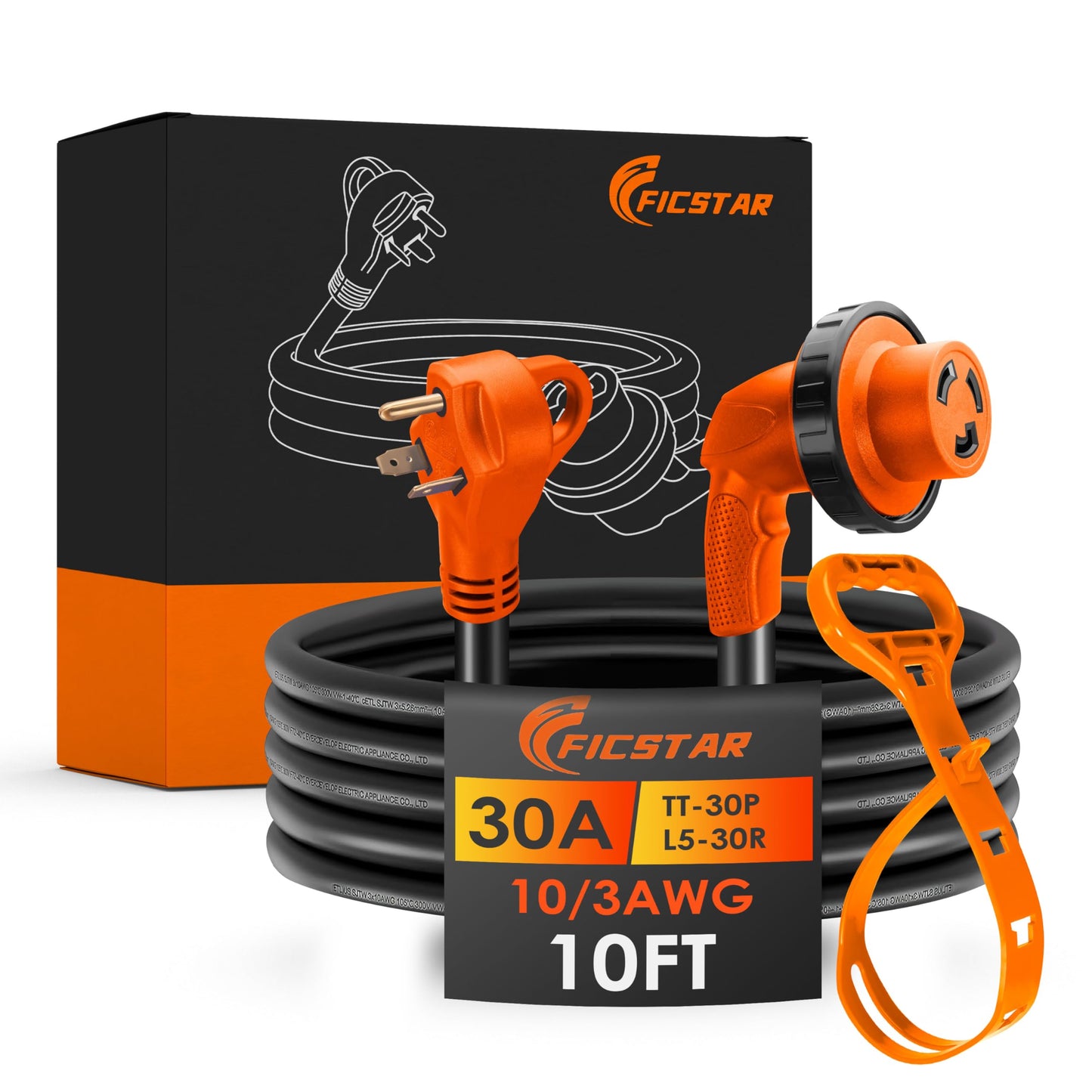 Ficstar 30 Amp RV Extension Cord 10 ft Heavy Duty Generator Extension Cord with LED Power Indicator,30 AMP Female 90° Twist Lock Adapter with Reverse Polarity Lamp,NEMA TT-30P to L5-30R,120V/125V