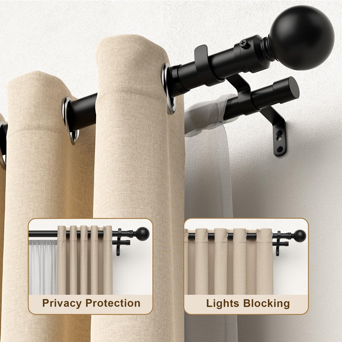 Pesenp 1” Diameter Double Curtain Rod 56-120 Inch, for 48-119 Inch Windows, Adjustable Splicing Black Curtain Rod, Extra Long Heavy Duty Drapery Rod for Living Blackout and Room Darkening Panels