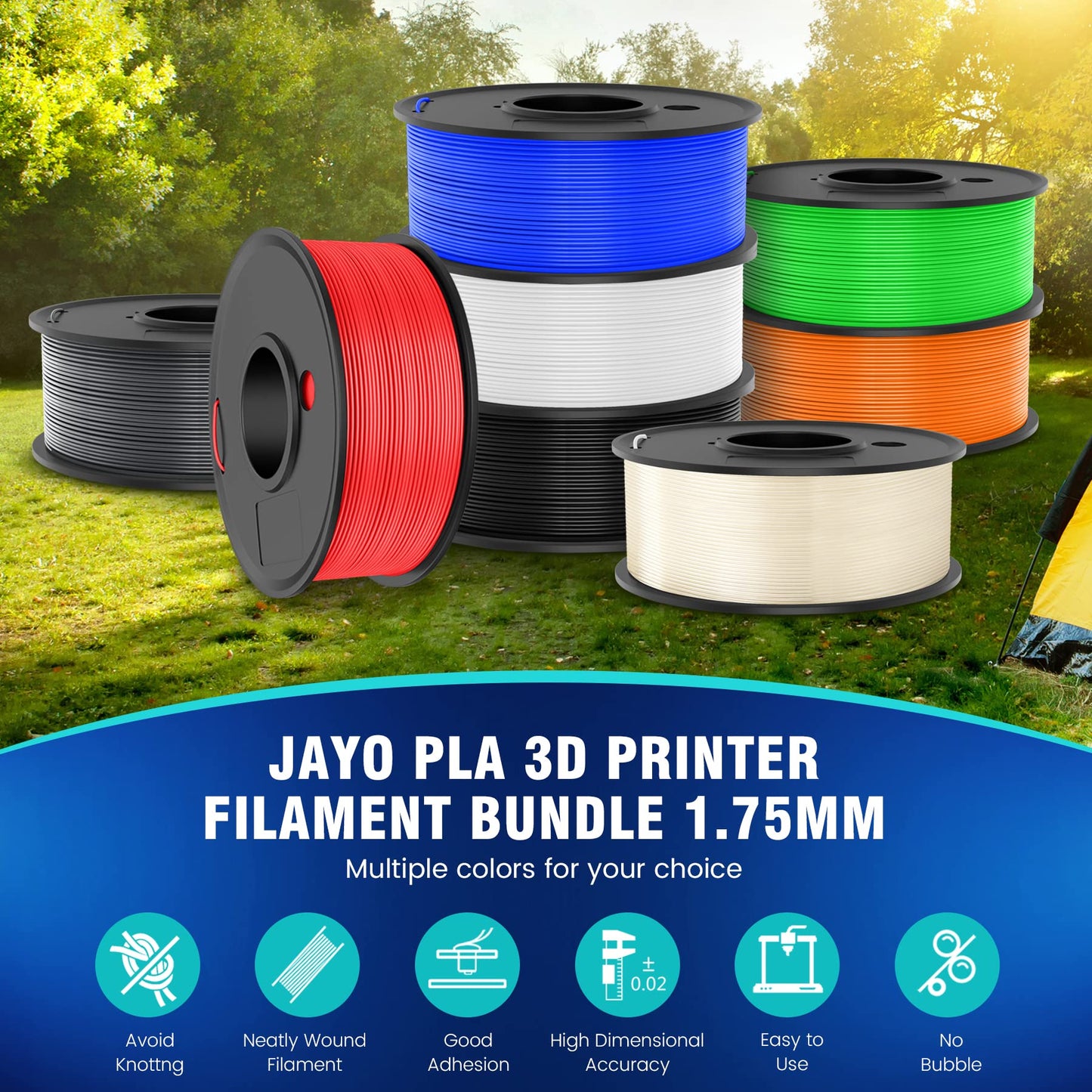 3D Printer Filament Bundle Multicolor, JAYO PLA Filament 1.75mm, Neatly Wound Filament 2kg, 250g Spool, 8 Pack, Black+White+Grey+Transparent+Blue+Red+Orange+Green