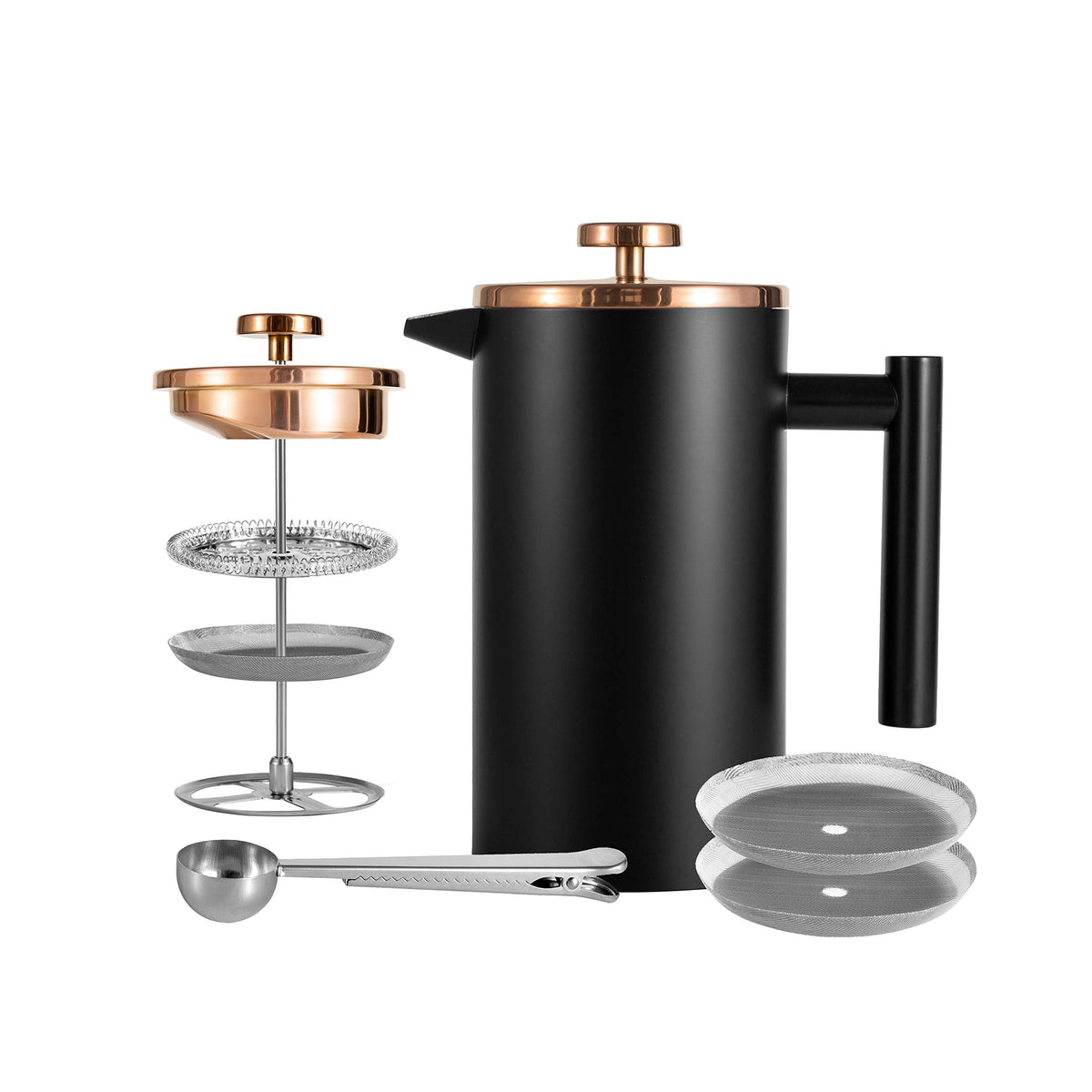 Meelio Small French Press Coffee Maker 600ml/20oz, Stainless Steel Double-Wall Insulated, 3 Level Filtration System with 2 Mesh Screens, 2-4 Cup Black for Home, Camping & Office
