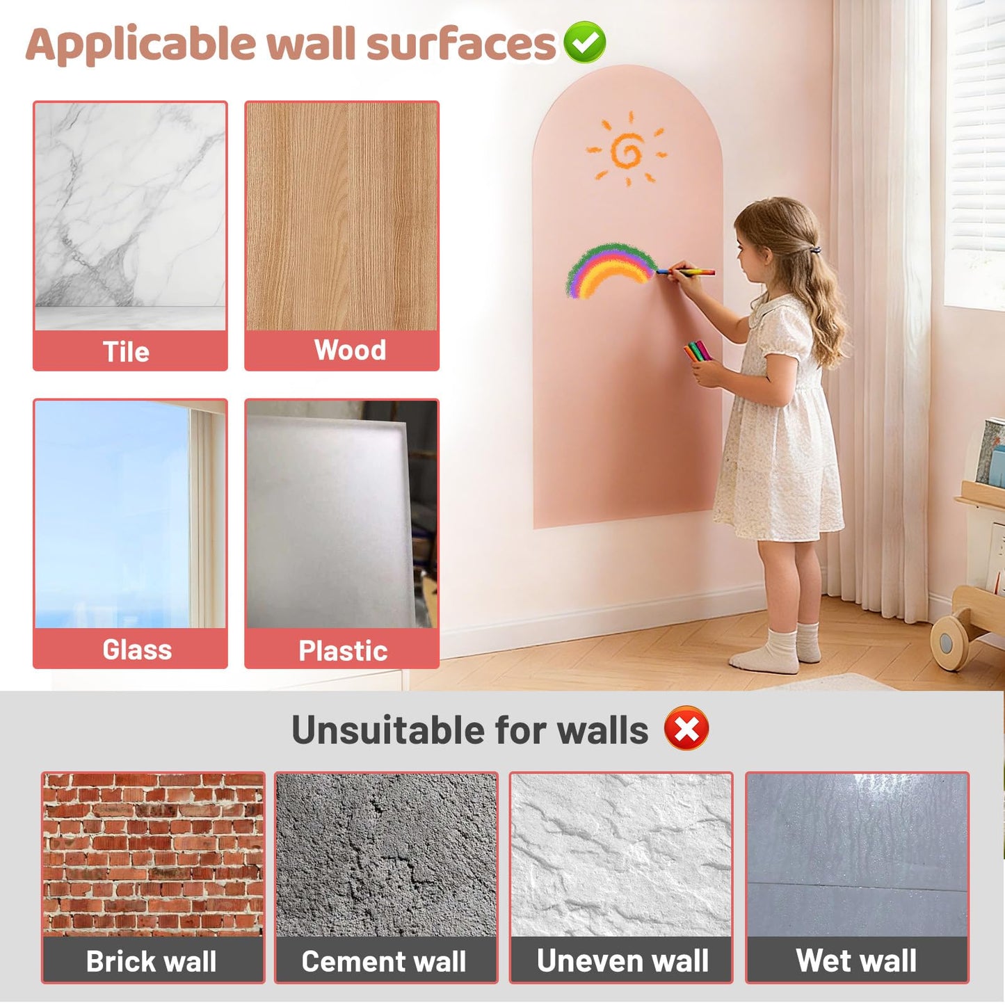 Magnetic Wall Decal 40 x 18In Arch Magnetic Chalkboard for Wall, Magnet Wall Drawing Learning for Playroom, School, Home (Light Pink