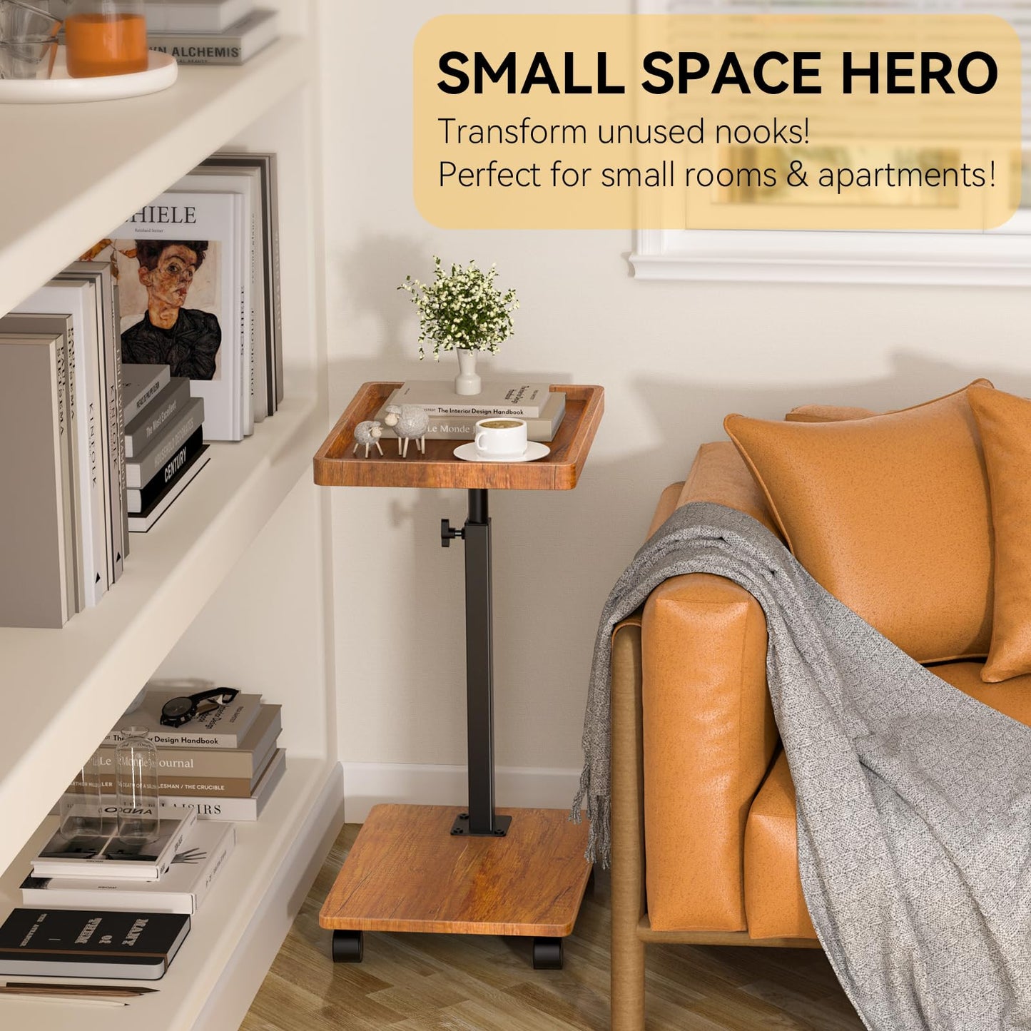 C Shaped End Table Adjustable Height, 360°Swivel TV Tray Table for Small Spaces, Rolling Couch Side Tables for Living Room, Bedroom, Bedside, Chair, Sofa, Snack