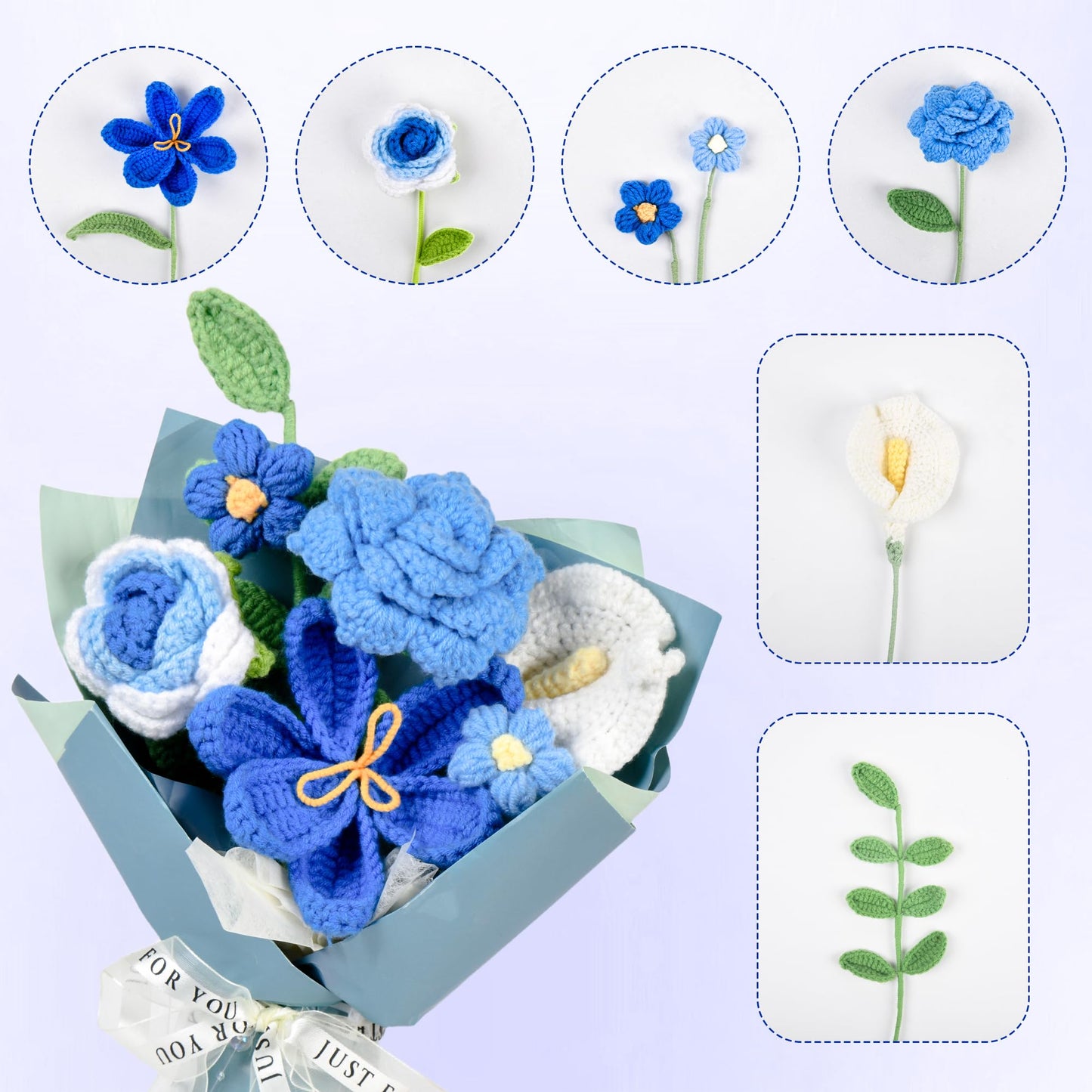 MengxFly Crochet Flower Bouquet Blue, Graduation Flowers Bouquet, Handmade Knitted Floral Gift for Her, with Gift Box, Bag and Card