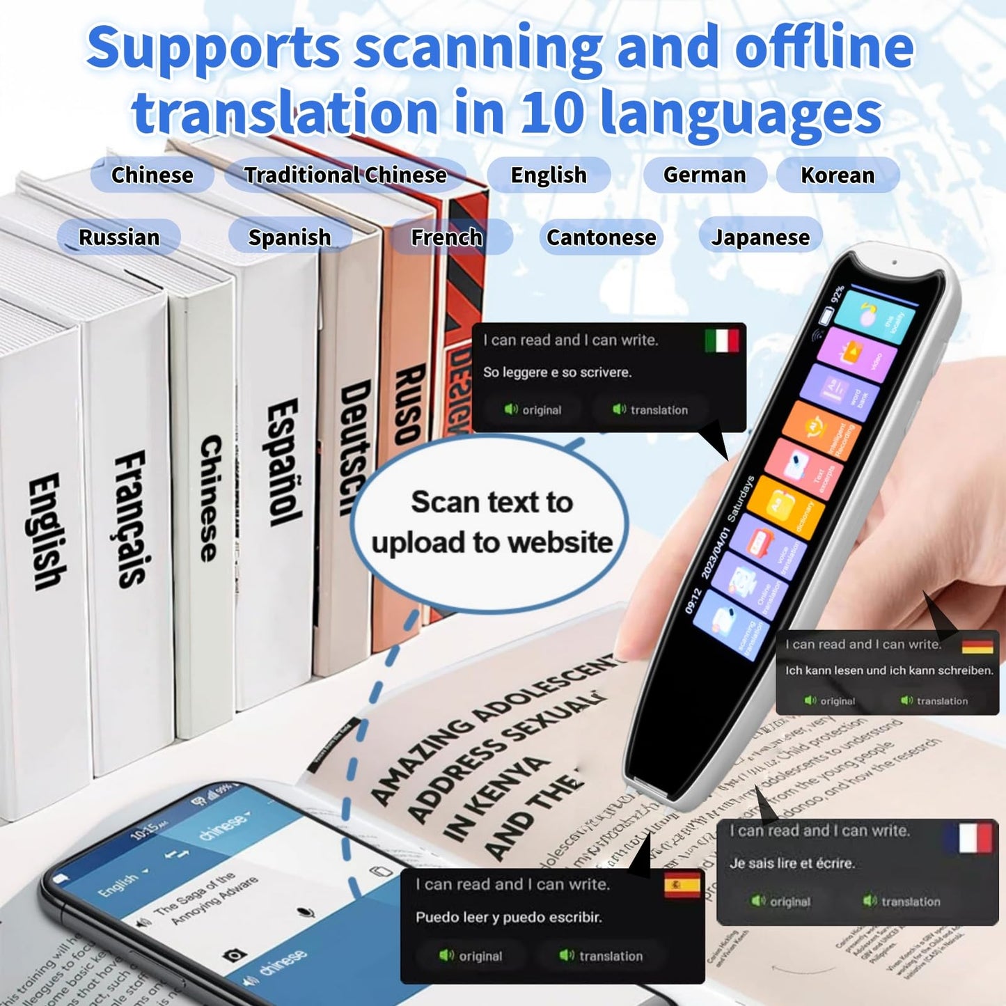 Scan Reader Pen for Dyslexia & Language Translation – 142 Languages Text-to-Speech OCR Translator Device with Voice Recording & Touchscreen, Ideal for Elderly, Kids, Students (White)