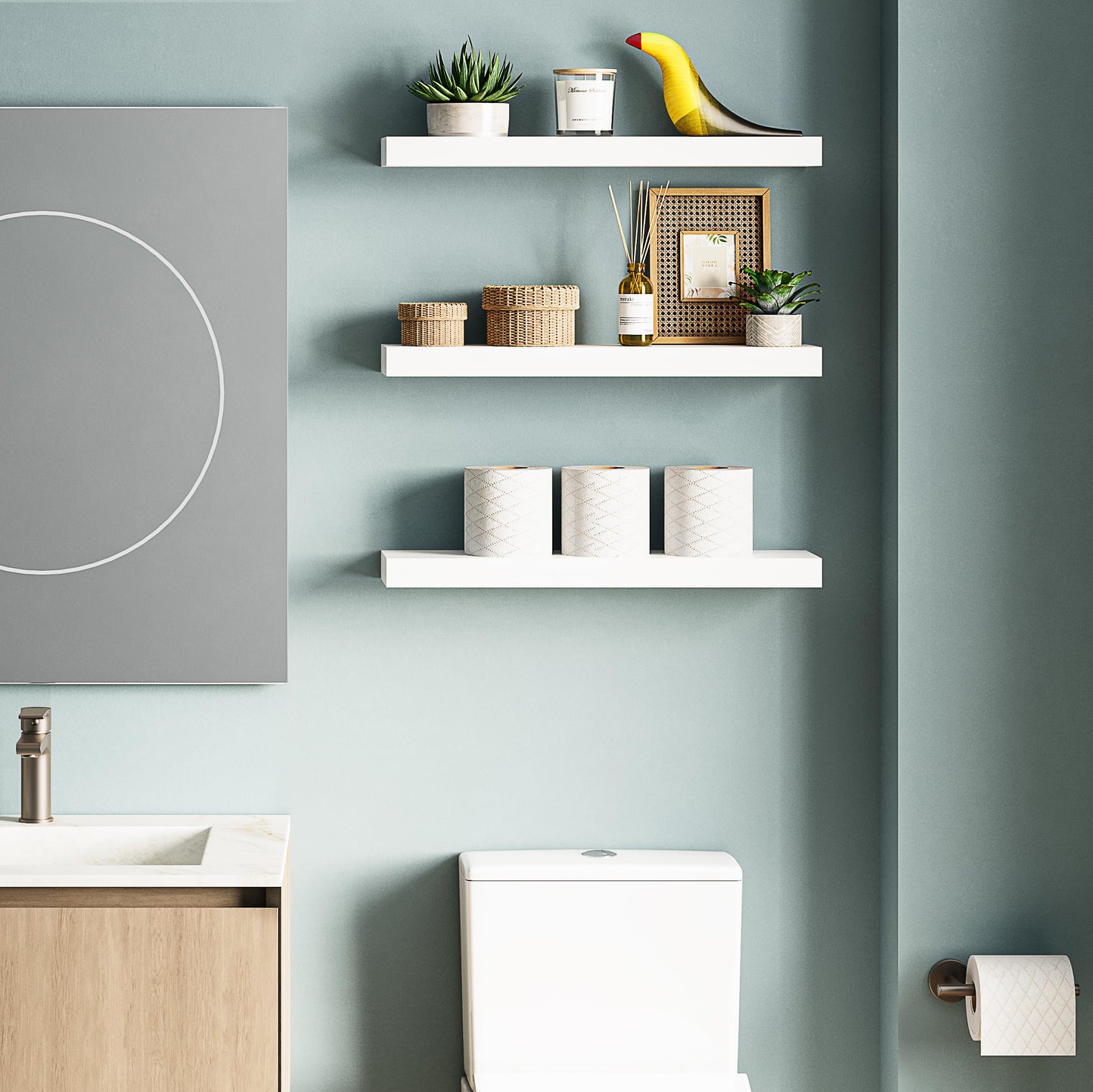 Ballucci Floating Shelves for Wall, 24" Wood Wall Shelf Set of 3, Invisible Brackets Floating Shelf for Wall Decor Living Room, Bathroom, Bedroom, Kitchen, 6" Depth, White