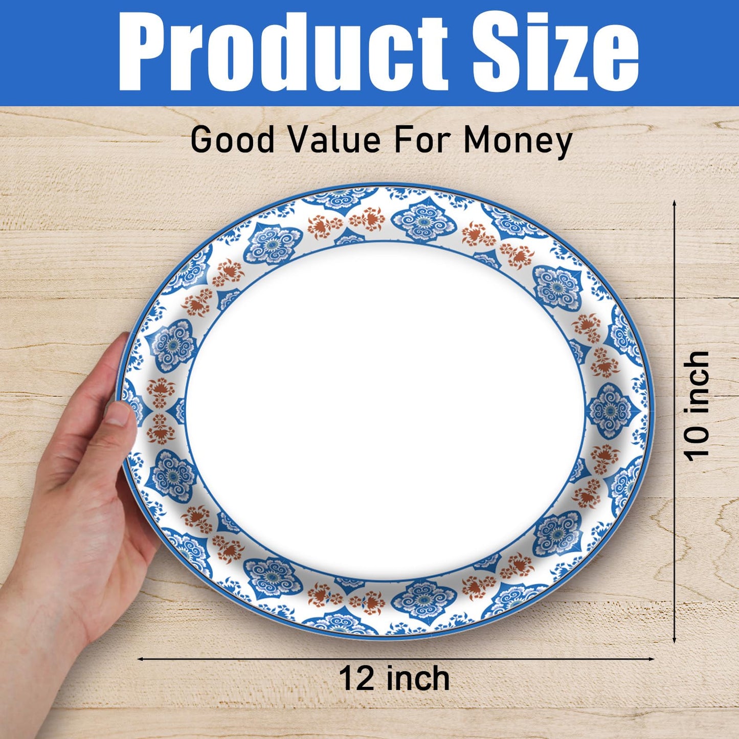 EggSun 50Pcs Blue Floral Oval Plates 10"x 12", Large Disposable Paper Plates, Heavy Duty Flower Plate Tableware for Family Gathering, Dinner Time, Birthday, Wedding, Holiday Party Serving Supplies
