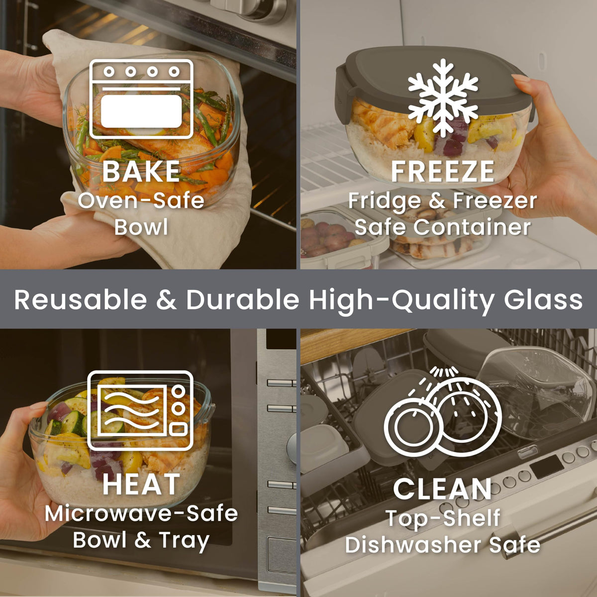 Bentgo Glass Salad Container - 7.6 Cup Salad Bowl with Airtight Lid, Leakproof Sauce Container, 4 Compartment Bento Tray and Reusable Fork - BPA Free for