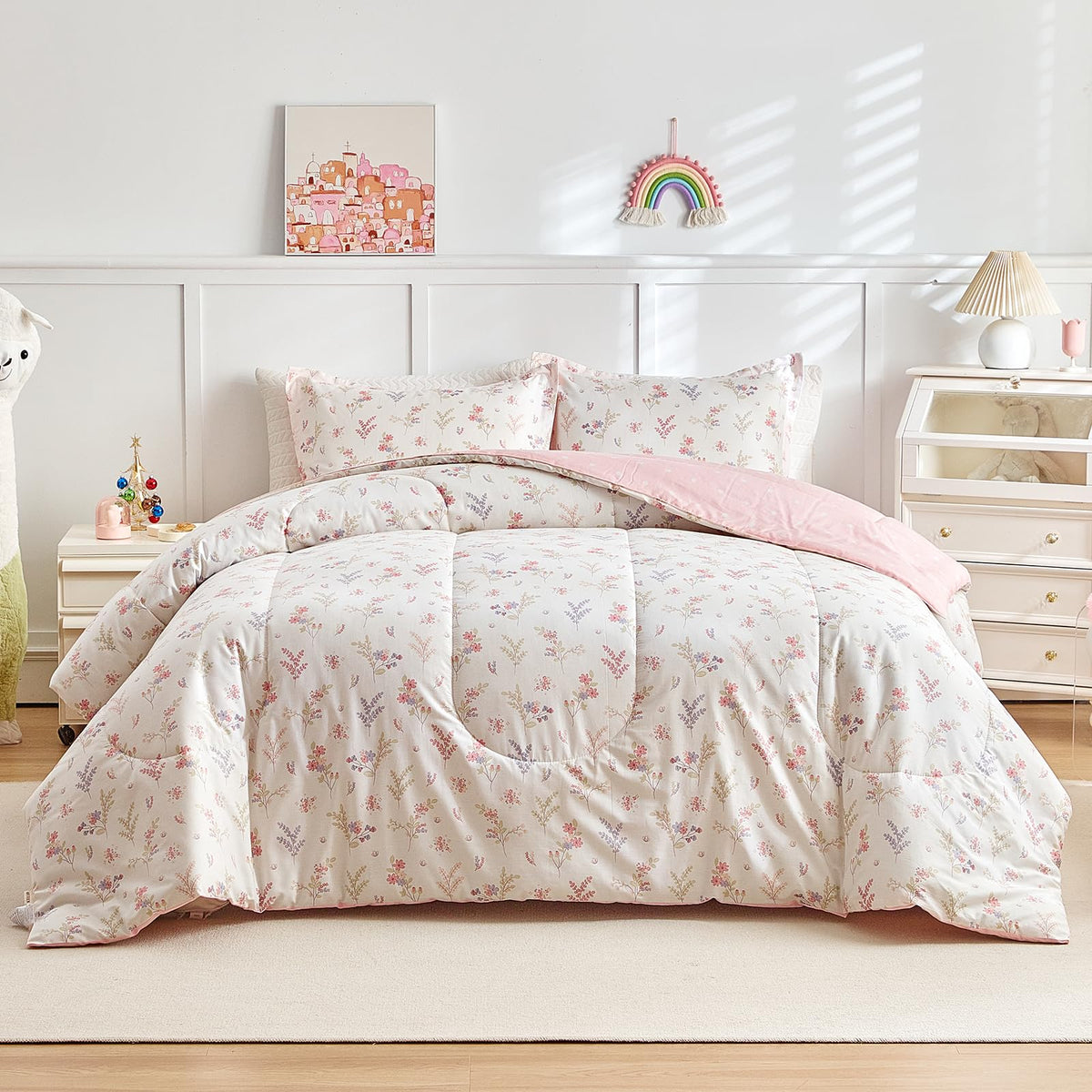 Joyreap 3pcs Cotton Comforter Set for Girls, Pink Floral Design, Twin Size Soft n Cozy Bedding Comforter Set for All Season- 68x88 inches