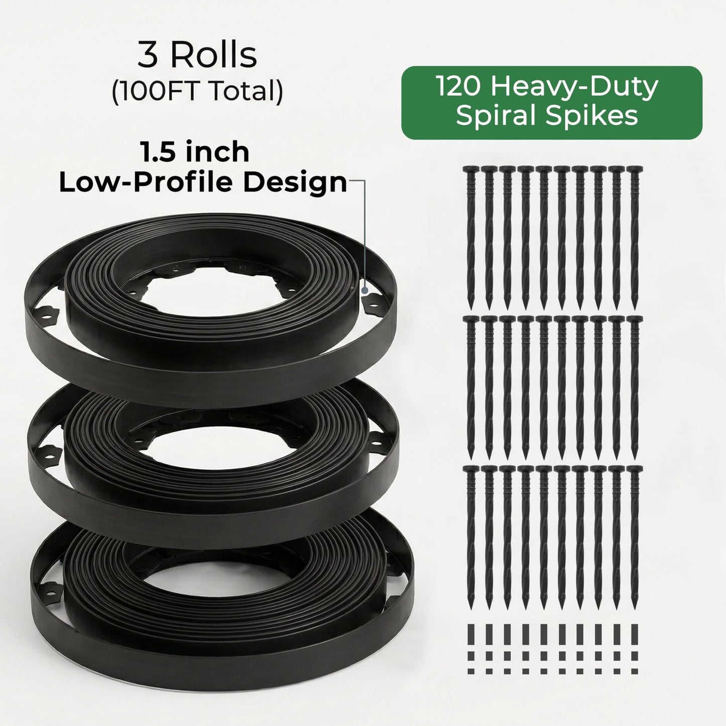 Gardzen 1.5" x 100' Landscape Edging Kit, Garden Edging Coil Comes with 120 Pcs Spikes, No Dig Lawn Border Design