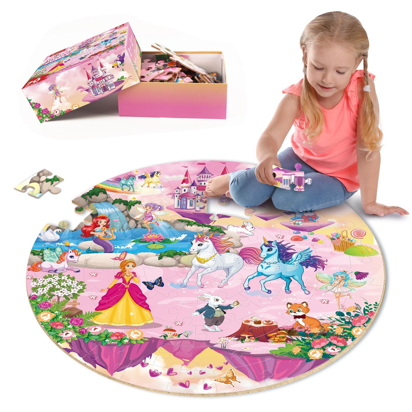 SYNARRY Floor Puzzles for Kids Ages 4-6, Large 70 Piece Unicorn Princess Fairy Puzzles for Kids 3-5, Girls Puzzles for Kids 4-8 Years Old, Preschool Toys for 3 4 5 6 7 8 Years Old Girls