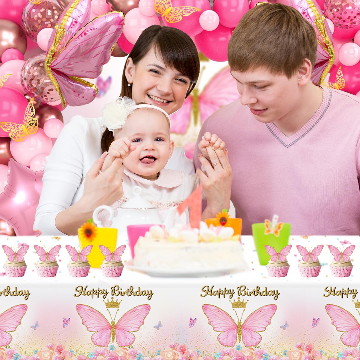 Pink Balloon Arch Kit with Foil Butterfly Balloons, Happy Birthday Backdrop & Tablecloth Decorations for Girl's Party - 106 Supplies