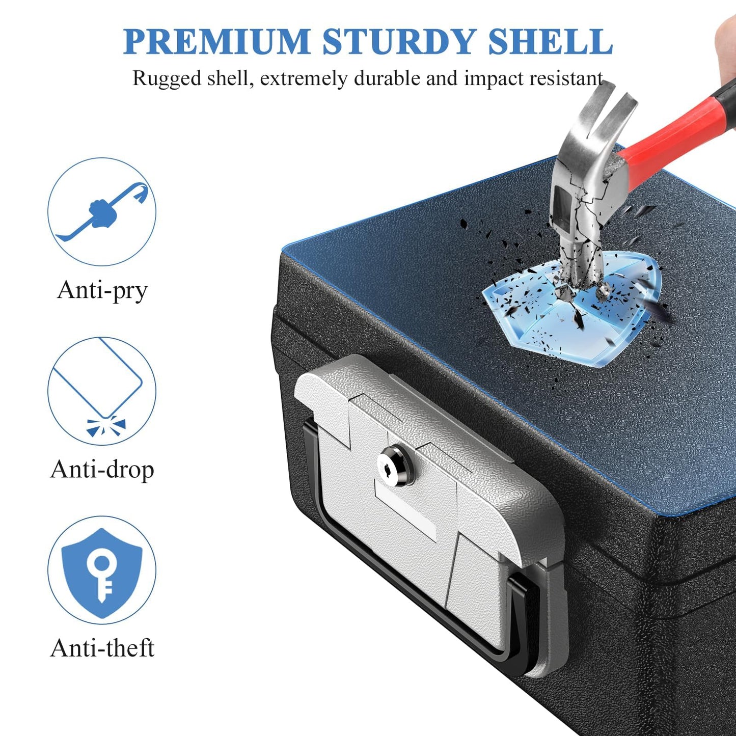 WASJOYE Portable Large Capacity Safe Box, Fireproof Waterproof Safe with Key Lock & Carry Handle, Cash, Medicine, Passport, Jewelry Storage, Security Lock box for Home Travel Hotel, 0.5 Cubic Feet