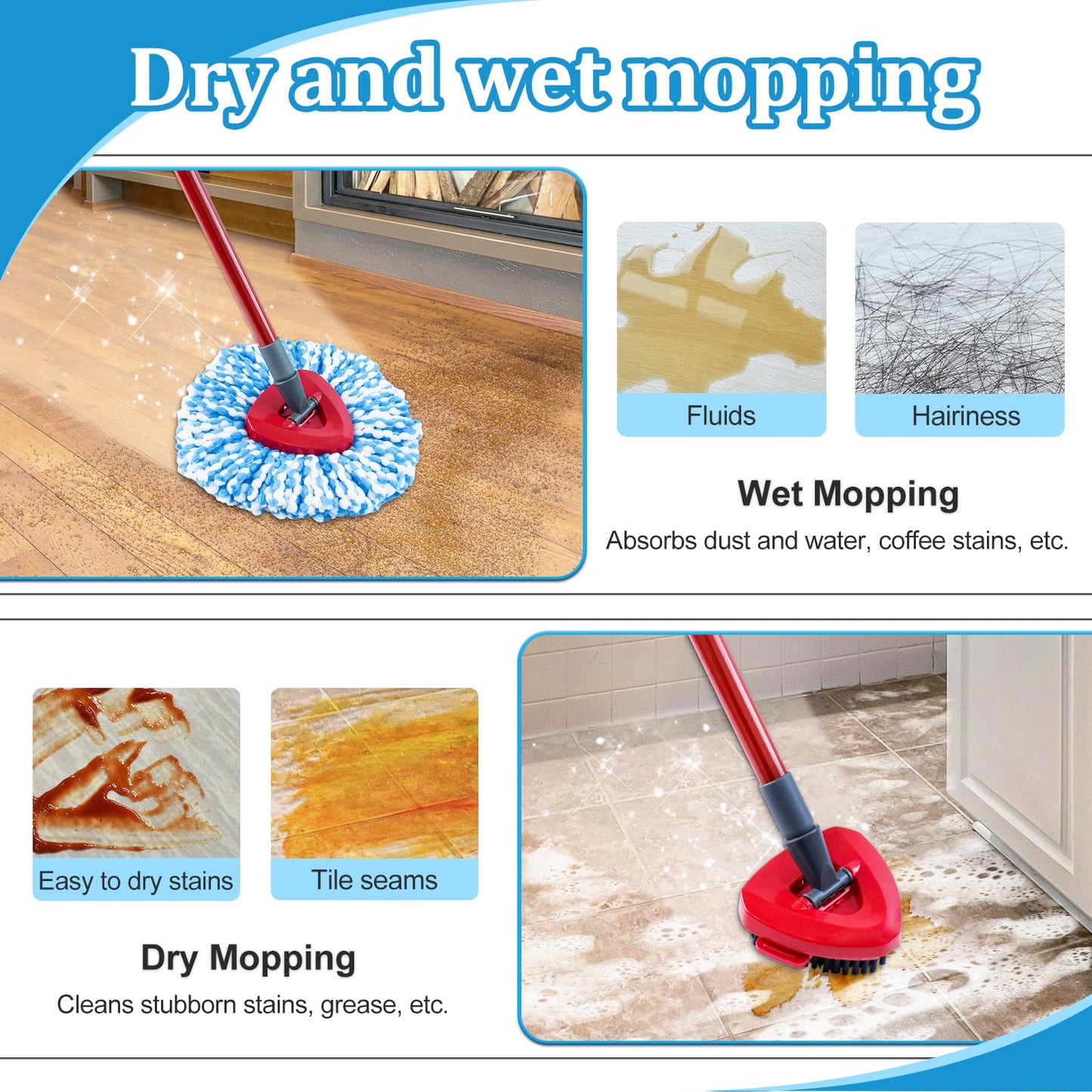 Spin Mop Handle, Mop Heads Replacements, Scrubber Head and Base Compatible with Vileda RinseClean Spin Mops & Bucket 2-Tank System, Mopping Stick and Head Replacement for Wet Dry Use Floor Cleaning