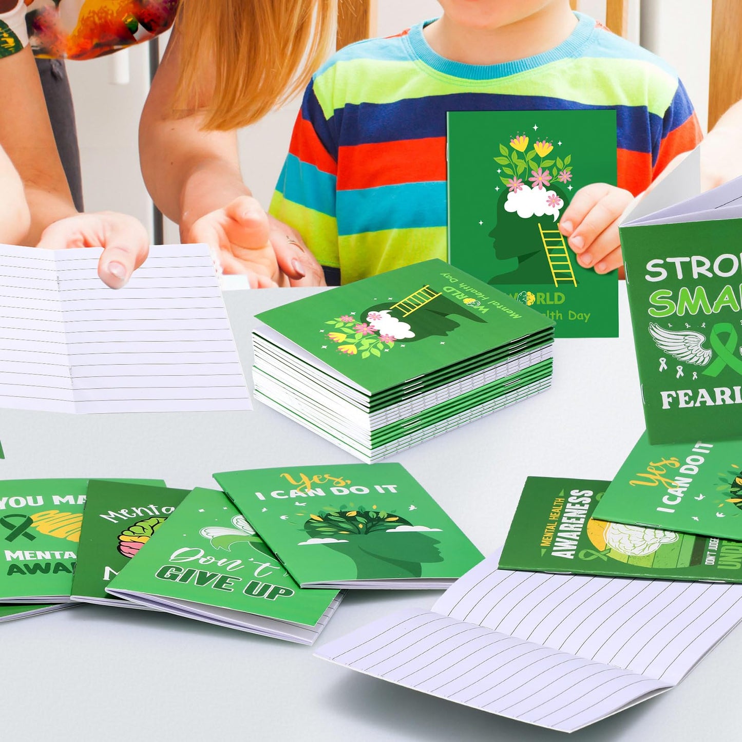 Dinifee 100 Pcs Mini Mental Health Notepads Small Memo Pad Notepads Bulk Mental Health Awareness Green Ribbon Pocket Notebooks, 10 Styles
