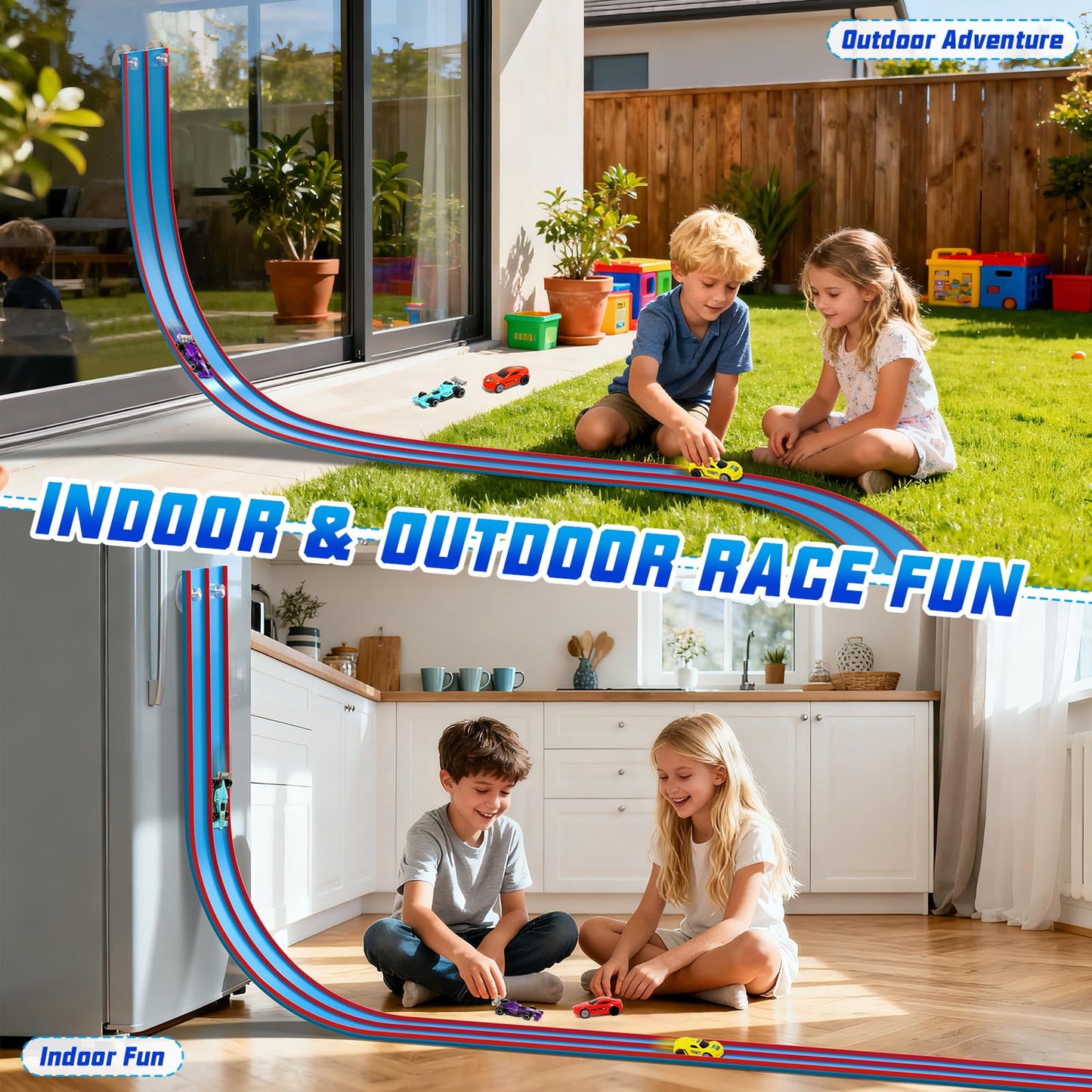15Ft Flexible Race Car Track Toys for Kids with 4 Car & Suction Cups, Flex Tracks Starter Set Compatible with 1:64 Diecast Cars Portable Rolls Up DIY Racetrack, Gifts for Boys Girls Age 3-5 4-8+