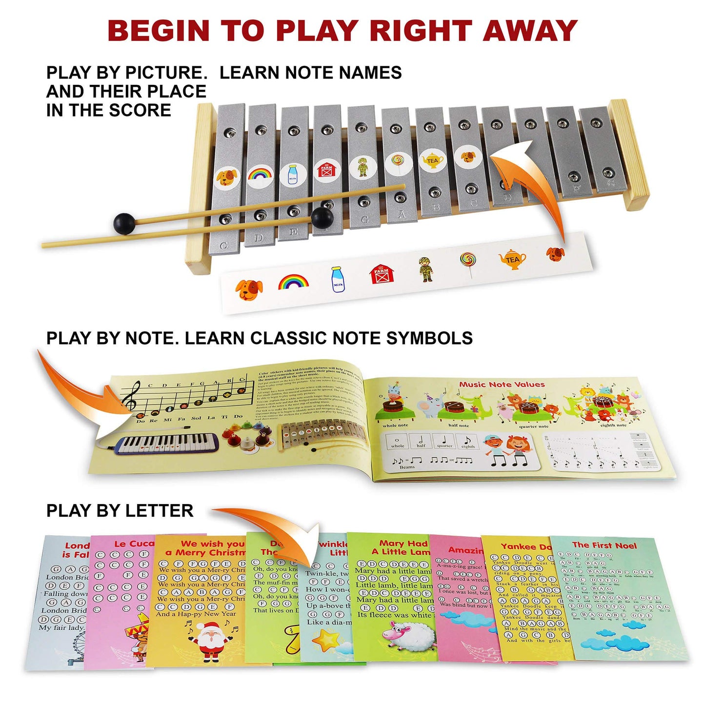 Glockenspiel 12 Note - Play-by-Picture Xylophone with Sheet Music Book - 34 Easy Play Songs