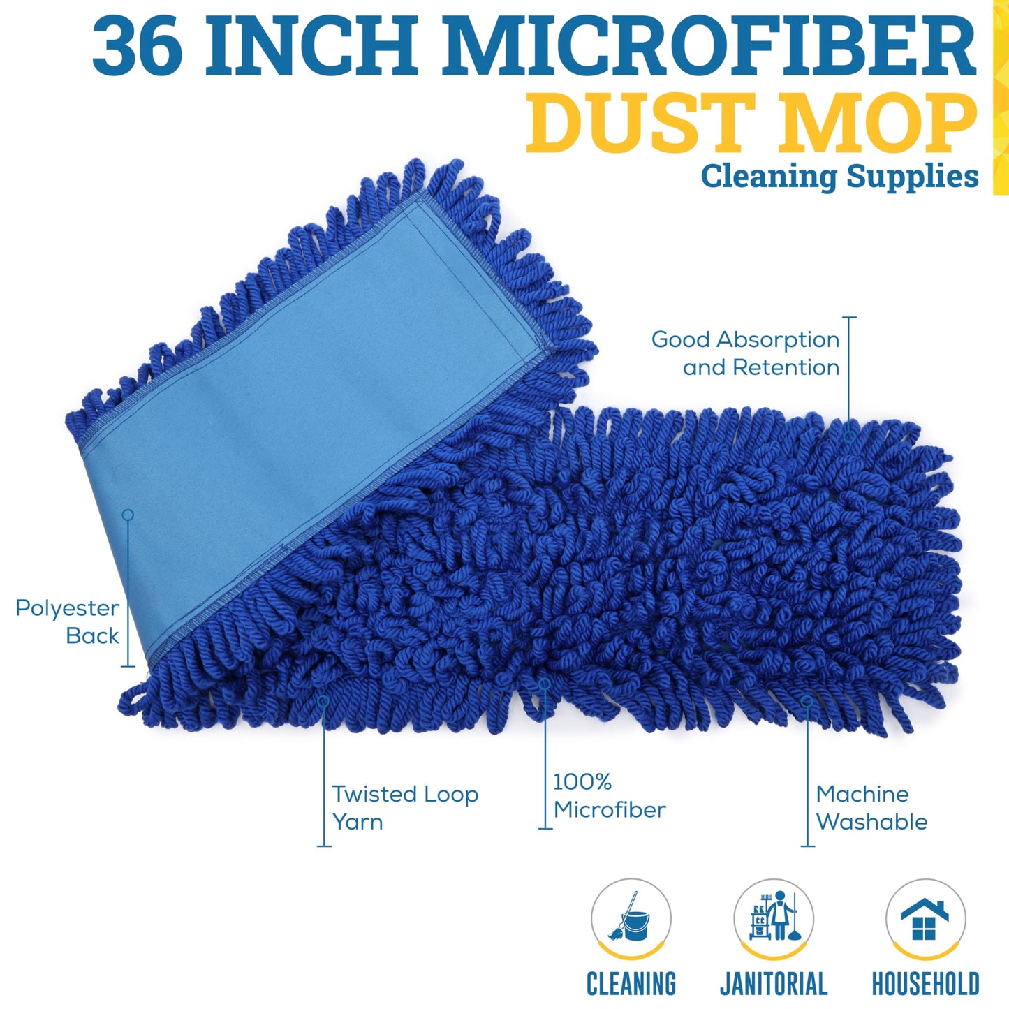 KLEEN HANDLER 36 Inch Microfiber Dust Mop, Large Washable Commercial Mop Head Replacement, Sweeper, Janitorial Supplies, Blue
