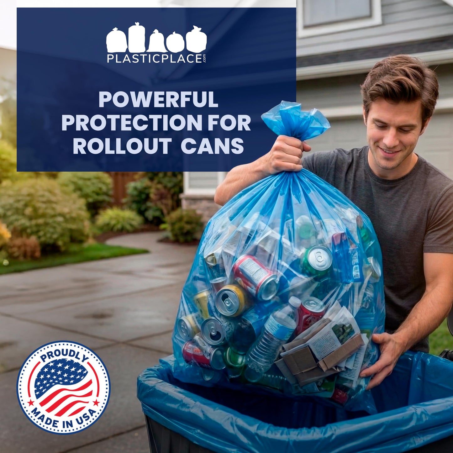 Plasticplace 95 Gallon Recycling Trash Bags, 61"W x 68"H, 1.5 Mil, Blue, 25 Count (Pack of 1)