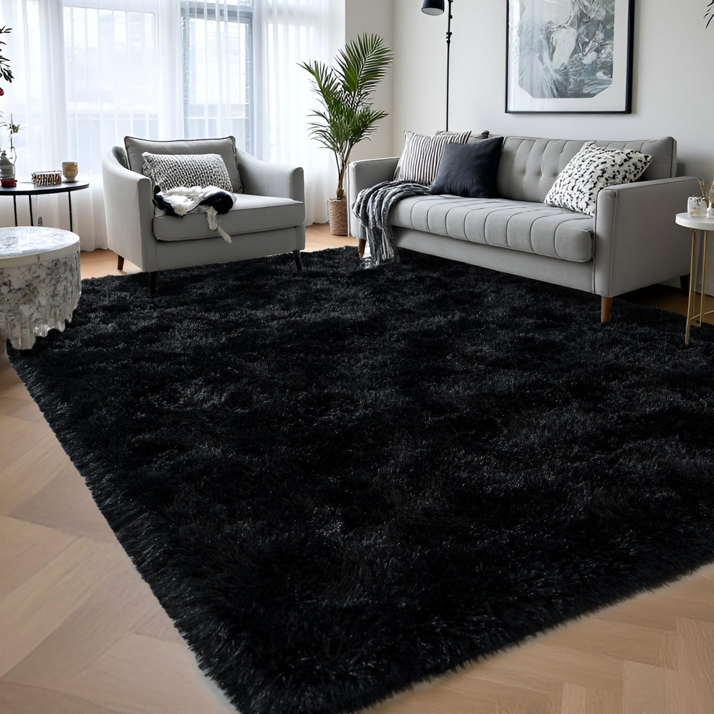 FLCODE Area Rugs for Living Room,4x6 Fluffy Black Rugs for Bedroom,Soft Thick Shag Washable Bedside Throw Carpet for Kids Room,Non-Slip Shaggy Nursery Rug