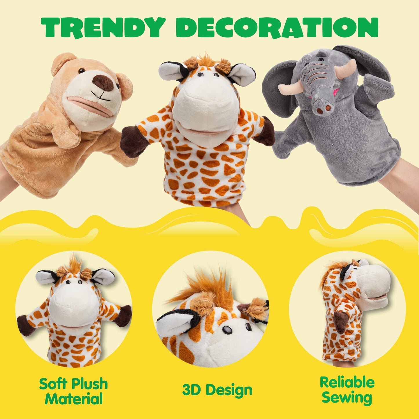 JOYIN 6Pcs Kids Hand Puppet Set with Working Mouth, Toddler Animal Plush Toy Includes Elephant, Giraffe, Lion, Bear, Raccoon and Monkey for Show Theater, Birthday Gifts, Easter Basket Stuffers