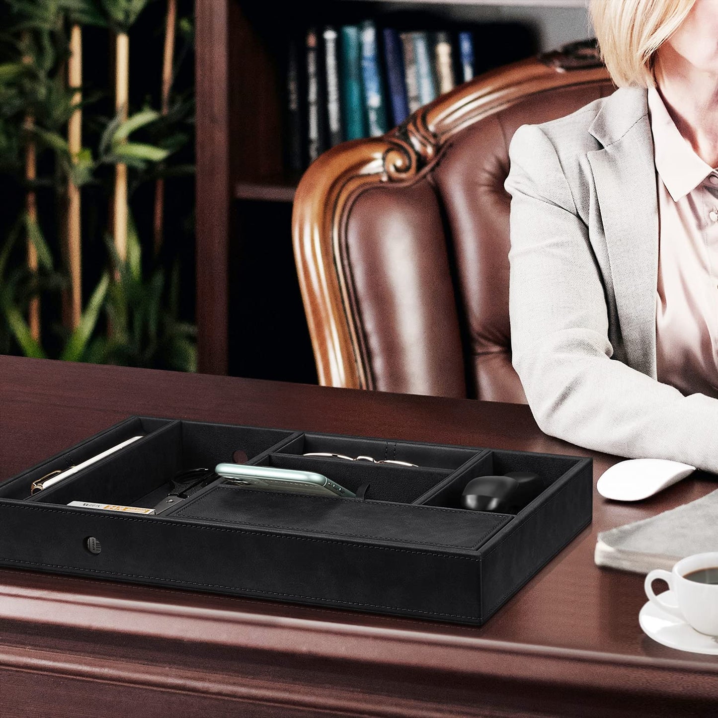 SITHON Desk Organizer - Eight Compartments Universal PU Leather Tray Cosmetic Tray Coin Key Box Jewelry Organizer Black