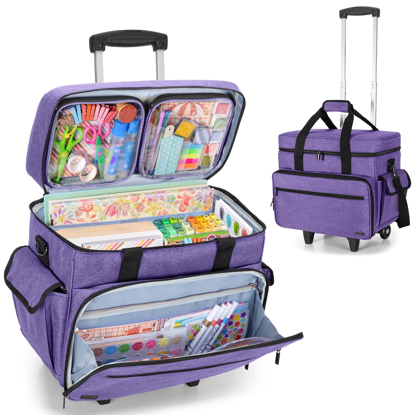 Teamoy Rolling Scrapbook Tote with Detachable Wheels, Rolling Craft Bag with Bottom Wooden Pad, Scrapbook Storage Bag for Women, Purple
