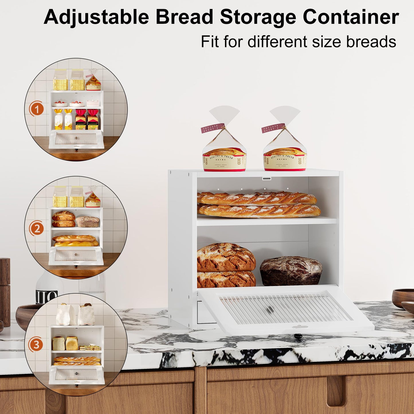 Alpeir Wooden Bread Box for Kitchen Counter 3 Tier Large Bread Boxes with Window & Drawer Homemade Bread Storage Container Boite a Pain Pour Comptoir, White