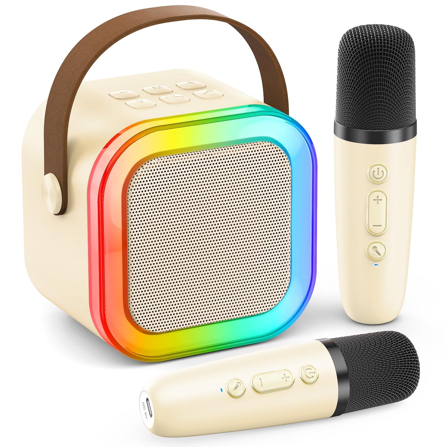 Karaoke Machine for Kids Adults, Portable Bluetooth Mini Karaoke Microphone Singing Speaker Karaoke Player with 2 Wireless Mic Toys for All Smartphones,Birthday, Family,Home Party (Beige)
