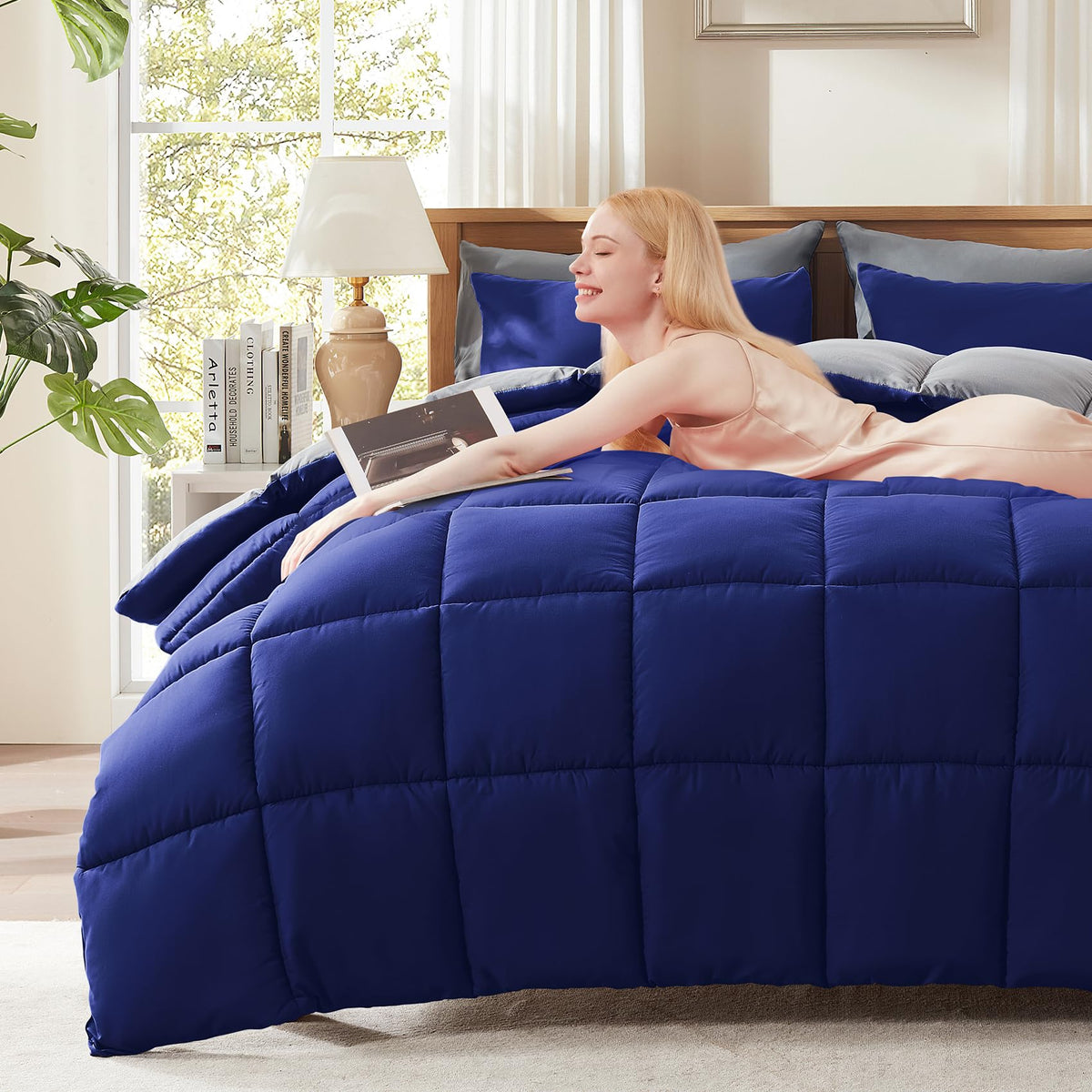 Decroom Lightweight Full Comforter Set with 2 Pillow Sham - 3 Pieces Set - Quilted Down Alternative Comforter/Duvet Insert for All Season - Blue/Grey - Full Size