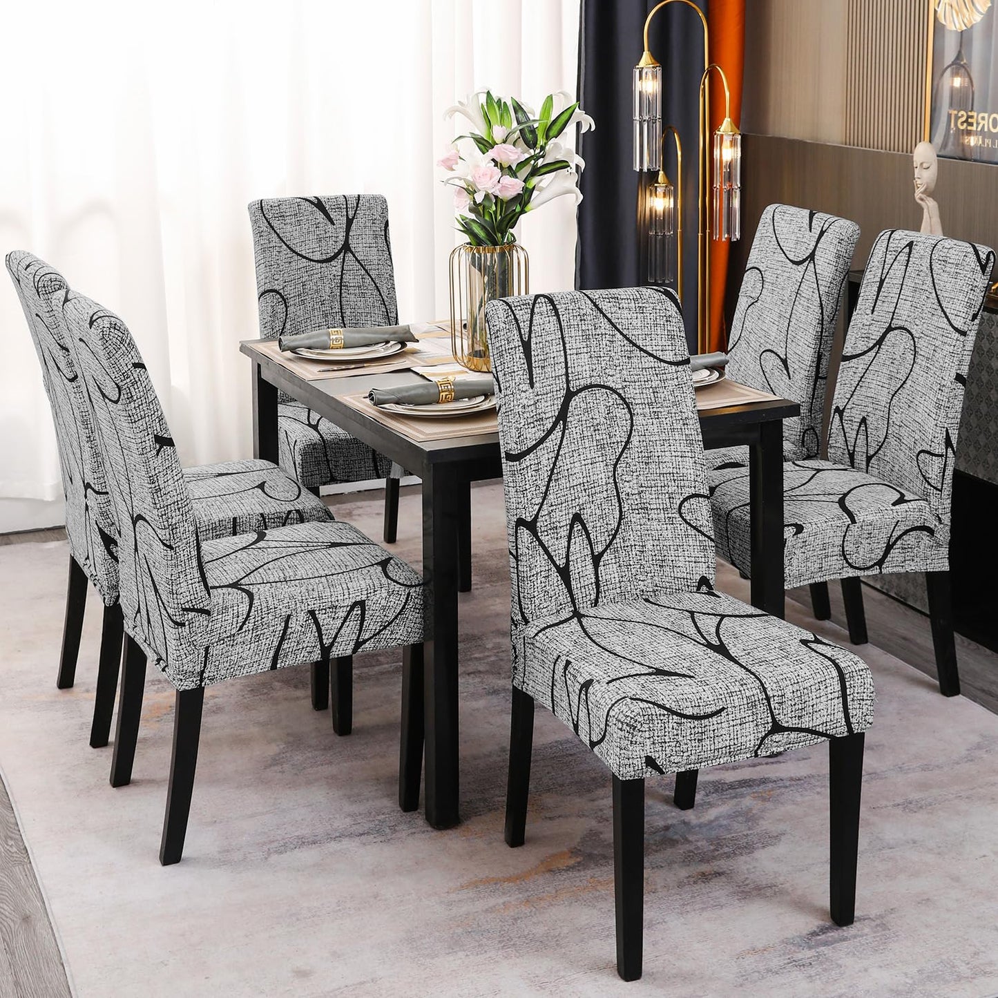 Keyroal Dining Room Chair Covers Set of 6, Stretch Printed Parsons Chair Slipcovers Spandex Removable Washable Kitchen Chair Protector Cover for Dining Room, Hotel, Ceremony