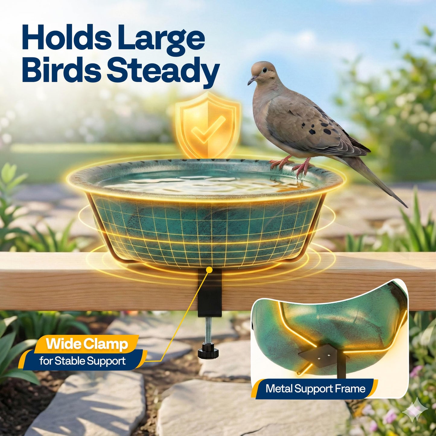 VIVOHOME Deck Mounted Bird Bath for Outside, Weather-Resistant ABS Bird Bath and Feeder with Adjustable Metal Clamp for Railing, Fence, Balcony, 1.45 Gallons, Green