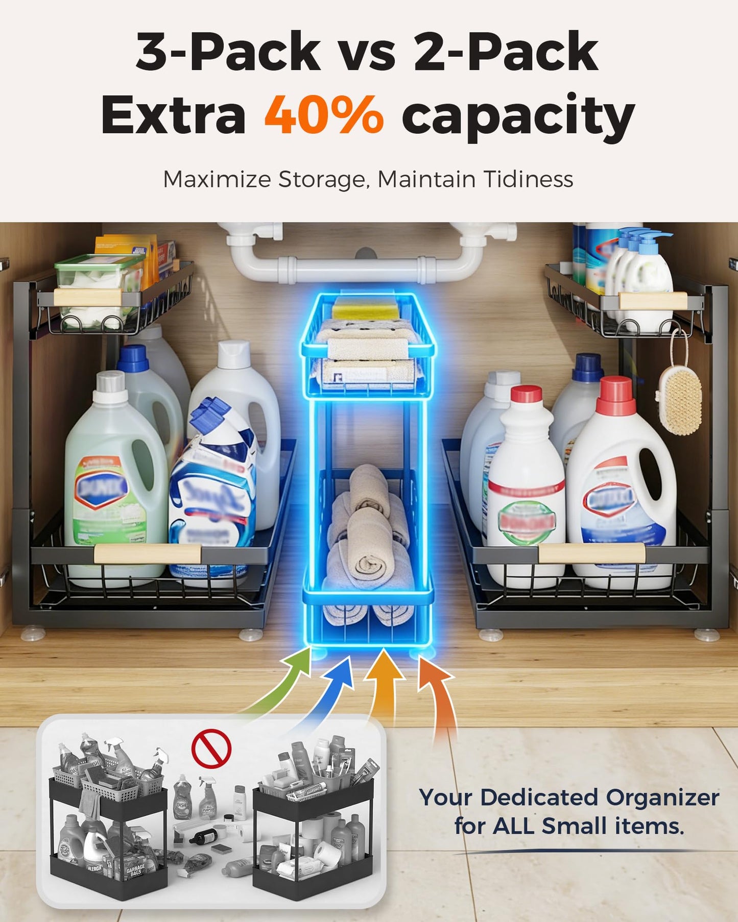 Sevenblue 3 Pack Under Sink Organizer, Height Adjustable 2 Tier Metal Under Kitchen Sink Organizer, Multi-Purpose Storage Shelves for Kitchen Bathroom Cabinet (Black)