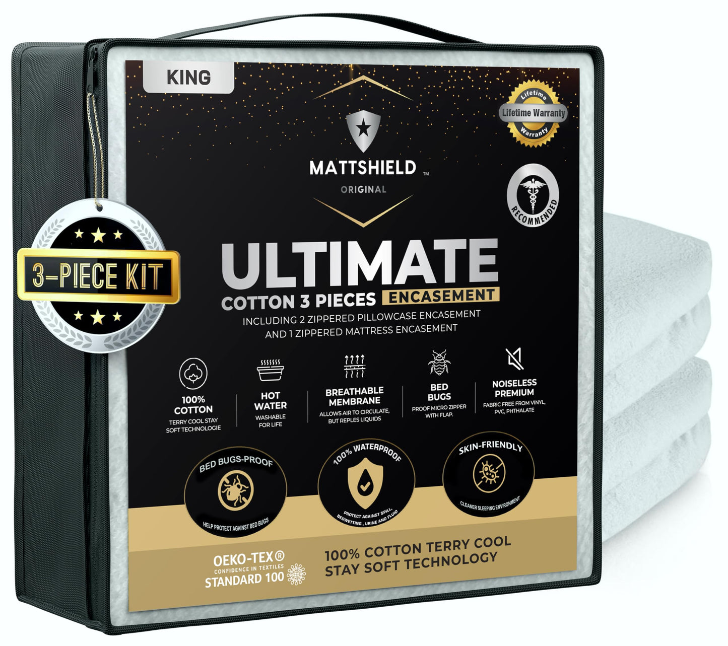 MATTSHIELD Ultimate 3-Piece Kit - Bed Bug-Proof Mattress Protector King Size - 100% Cotton Terry Surface + 2 Pillow Protectors - Zippered 6-Sided Waterproof Encasement