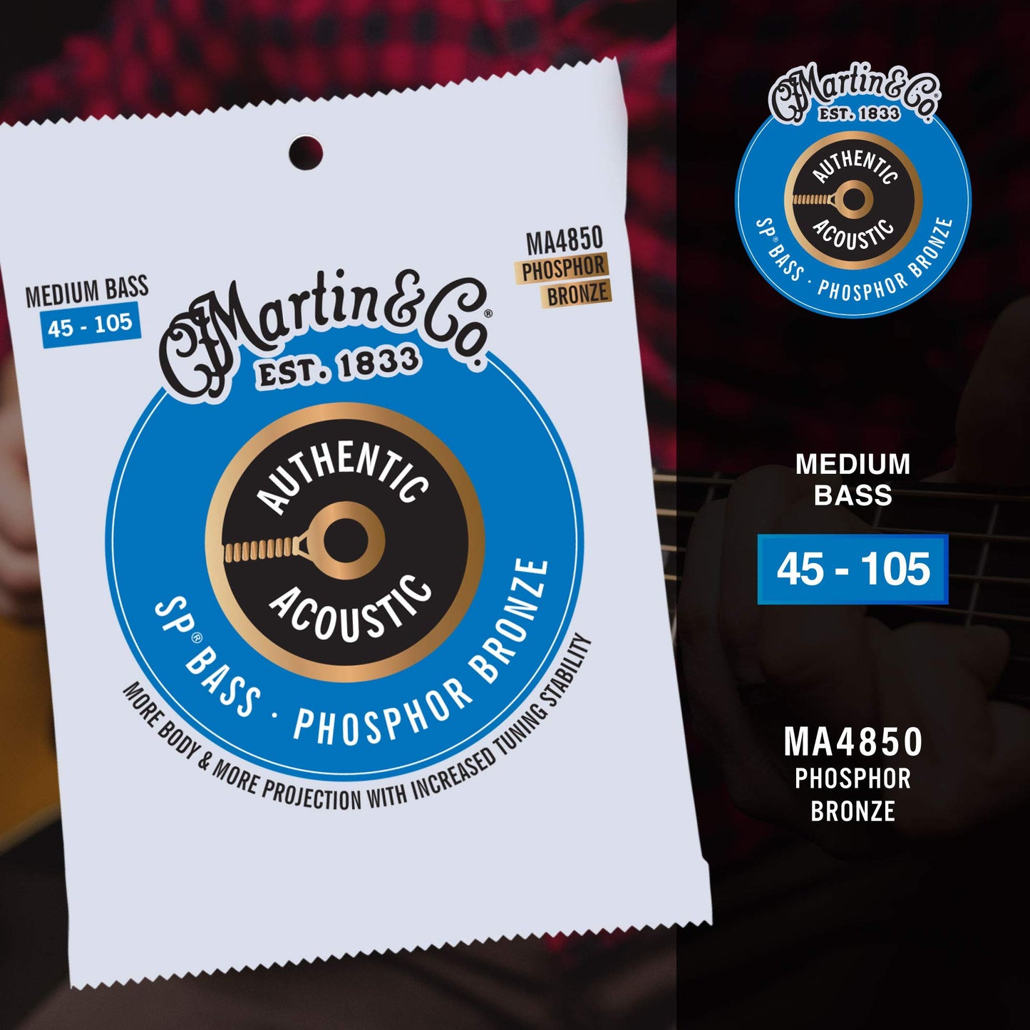 Martin Authentic Acoustic® SP® Bass Strings – Phosphor Bronze, Medium Gauge | Long-Lasting Tone, Corrosion Resistance & Tuning Stability | 4-String Acoustic Bass Set