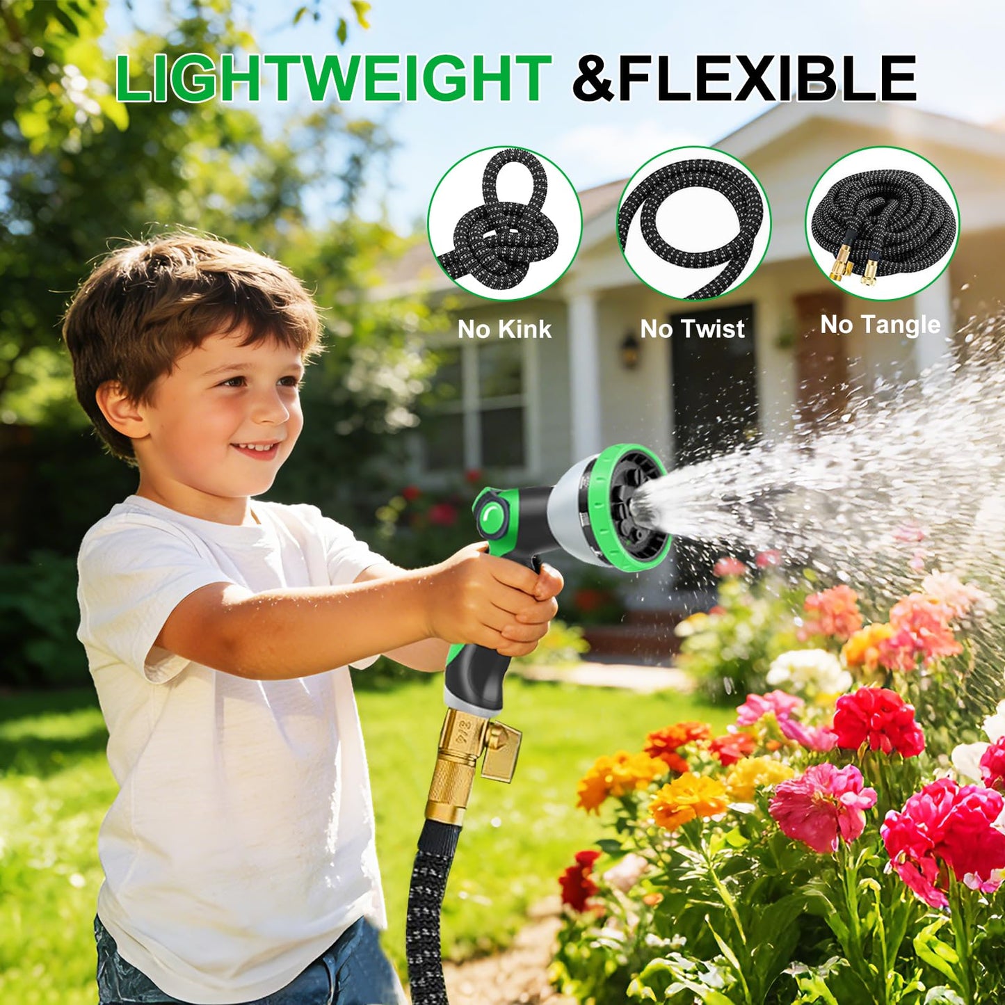 150FT Expandable Garden Hose with 10-Function Nozzle, 4-Layer Latex & 3750D Fabric, Extra Long Flexible No-Kink Water Hose with Solid Brass 3/4” Fittings for Large Yard Lawn Garden & Vehicle Cleaning