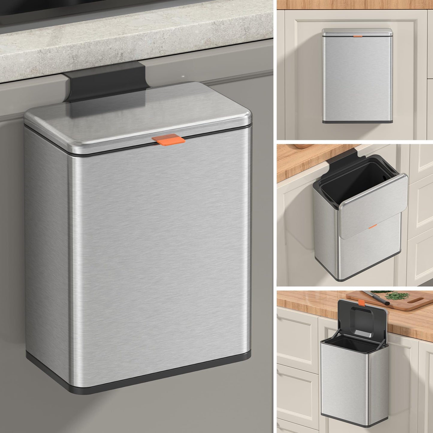 Mbillion Compost Bin Hanging Trash Can with Lid 2.1 Gallon Stainless Steel Garbage Can for Kitchen Cabinet Door Mounted Trash Can Under Sink Door RV & Bathroom, Brushed Silver